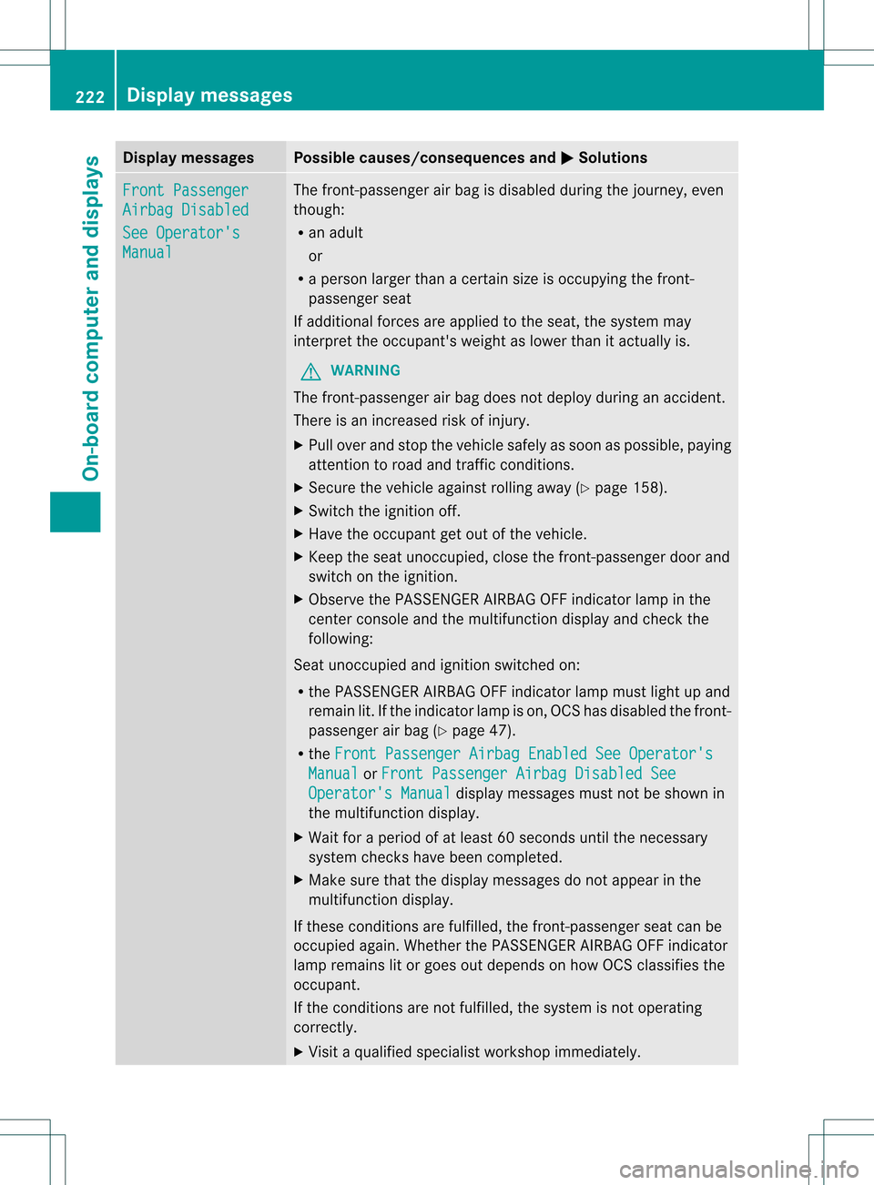MERCEDES-BENZ C-Class SEDAN 2013 W204 Owners Manual Display messages Possible causes/consequences and
0001 Solutions
Front Passenger
Airbag Disabled
See Operators
Manual The front-passenger air bag is disabled during the journey, even
though:
R
an adu