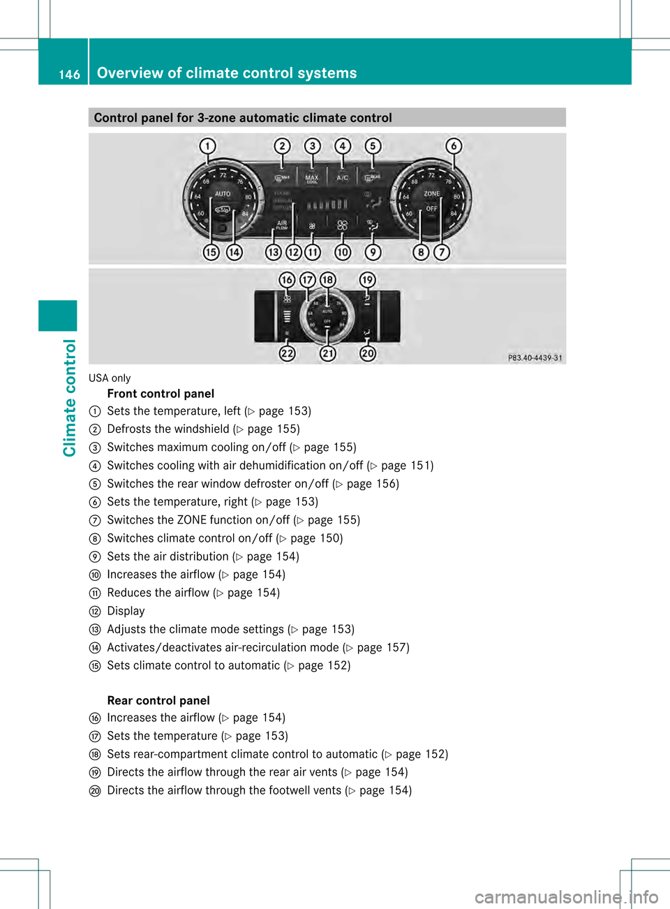 MERCEDES-BENZ GL-Class 2013 X166 Owners Manual Control panel for 3-zone automatic climate control
USA only
Fron tcontrol panel
0002 Sets the temperature, left (Y page 153)
0003 Defrosts the windshield (Y page 155)
0021 Switches maximum cooling on/