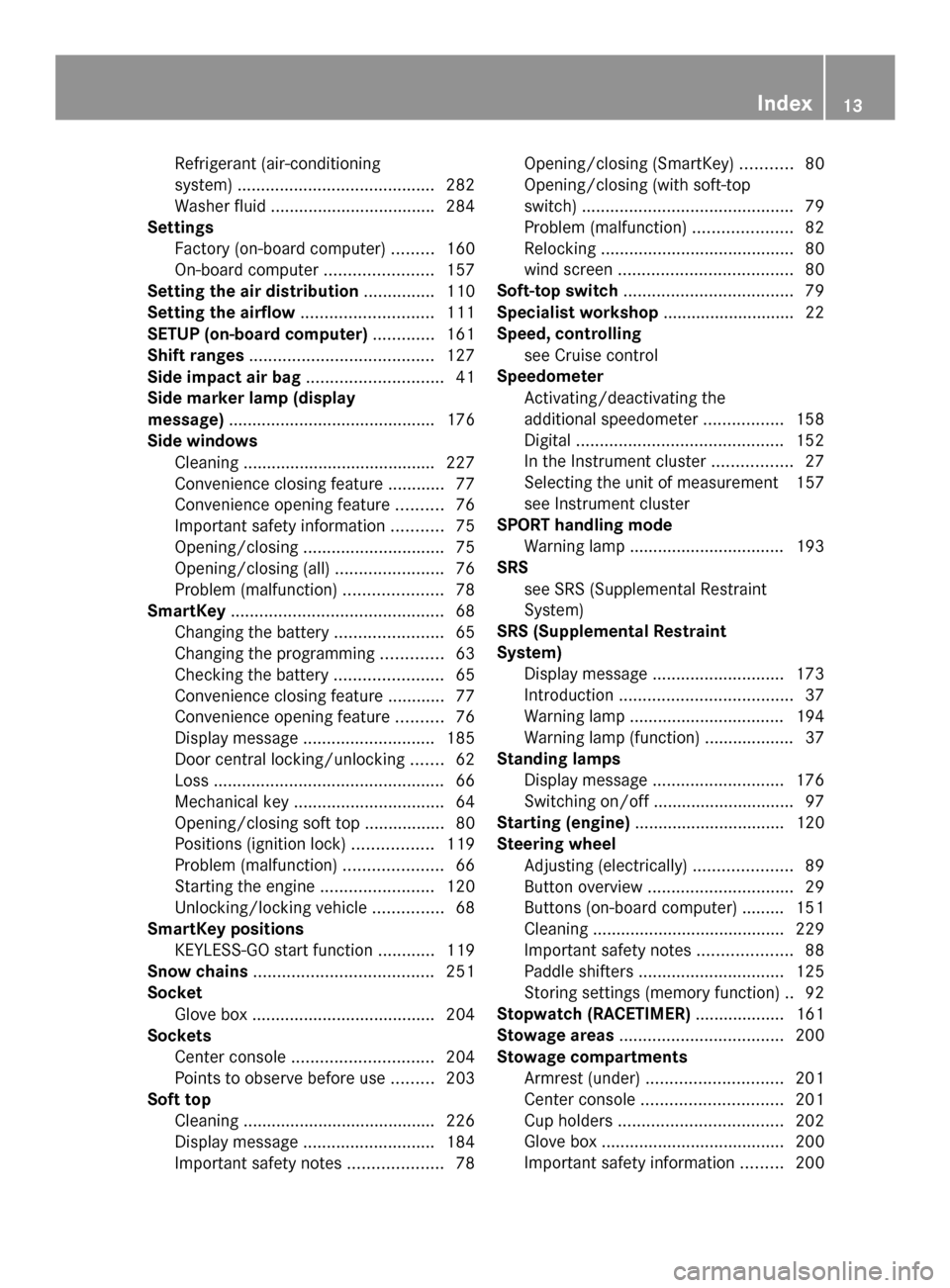 MERCEDES-BENZ SLS AMG GT ROADSTER 2014 C197 Owners Manual Refrigerant (air-conditioning
system)
.......................................... 282
Washer fluid .................................. .284
Settings
Factory (on-board computer) .........160
On-board com