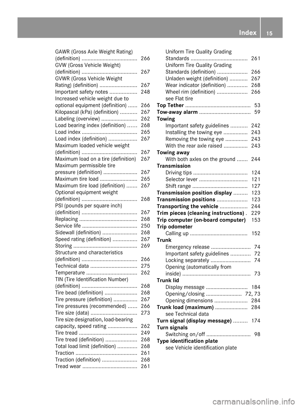 MERCEDES-BENZ SLS AMG GT COUPE 2014 C197 Owners Manual GAWR (Gross Axle Weight Rating)
(definition)
..................................... 266
GVW (Gross Vehicle Weight)
(definition) ..................................... 267
GVWR (Gross Vehicle Weight
Rati