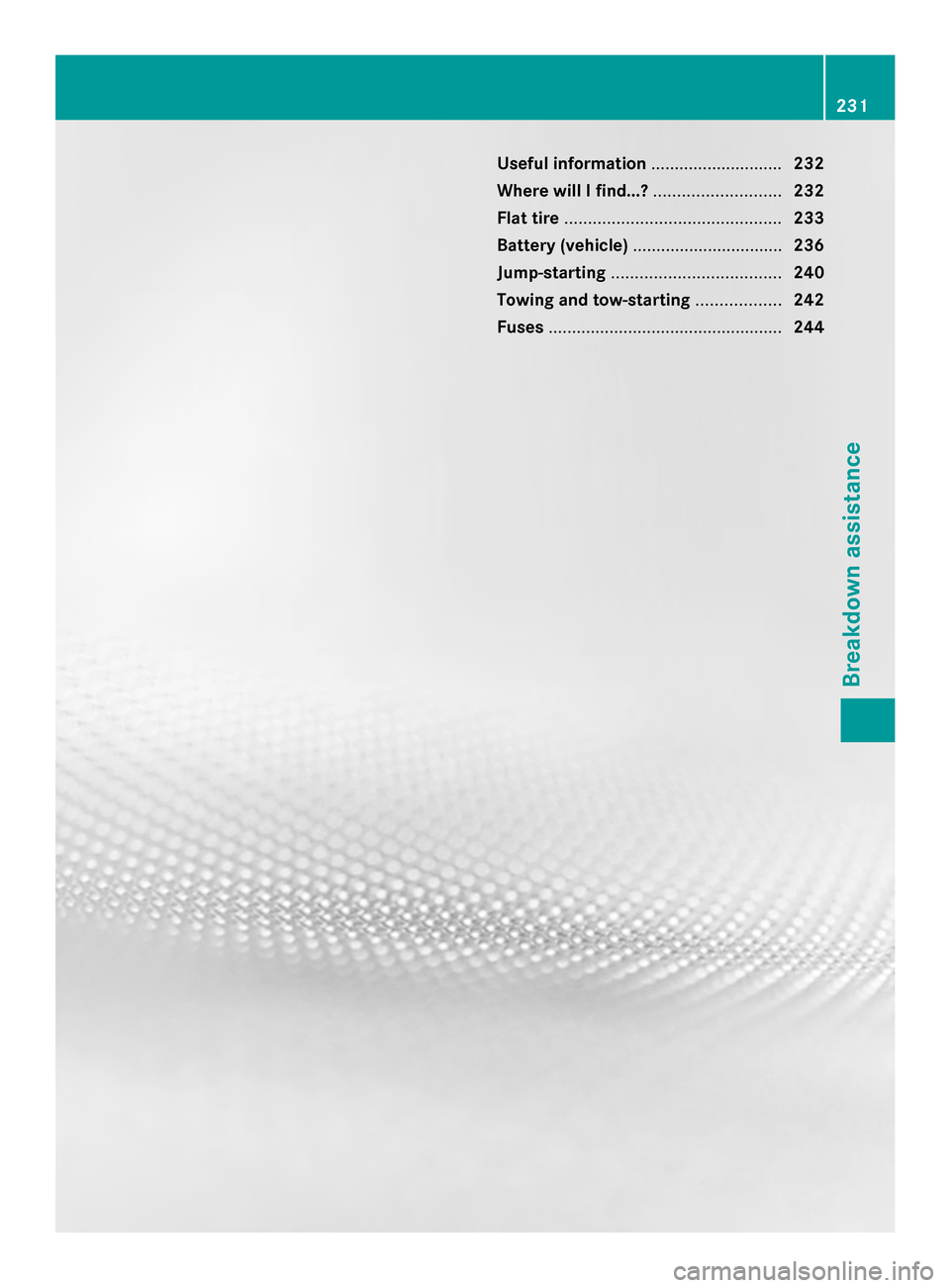 MERCEDES-BENZ SLS AMG GT COUPE 2014 C197 Owners Manual Useful information
............................232
Where will I find...? ...........................232
Flat tire .............................................. 233
Battery (vehicle) ................. MERCEDES-BENZ SLS AMG GT COUPE 2014 C197 Owners Manual Useful information
............................232
Where will I find...? ...........................232
Flat tire .............................................. 233
Battery (vehicle) .................