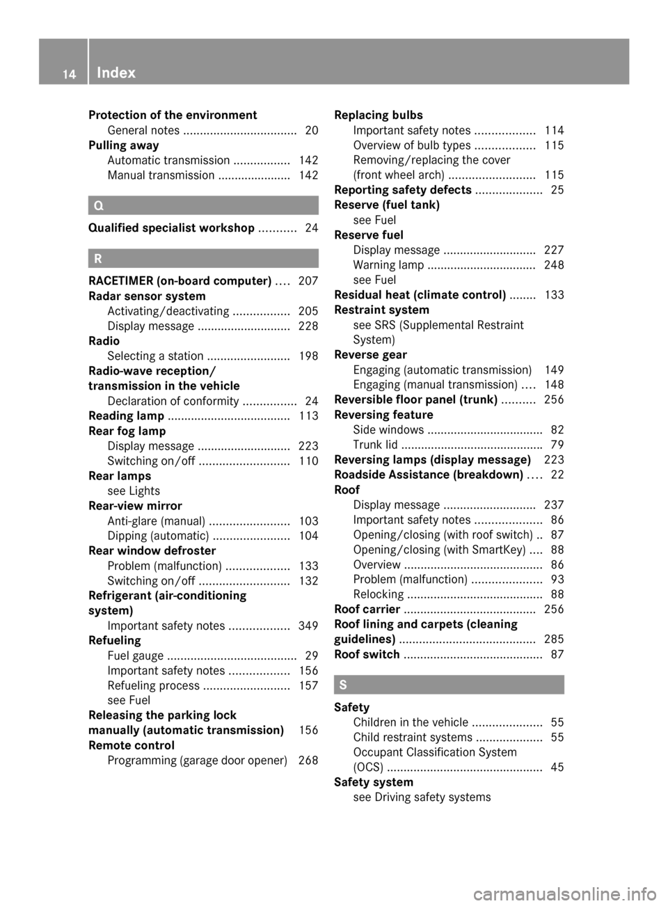 MERCEDES-BENZ SLK-Class 2014 R172 User Guide Protection of the environment
General notes .................................. 20
Pulling away
Automatic transmission .................142
Manual transmission ..................... .142 Q
Qualified sp