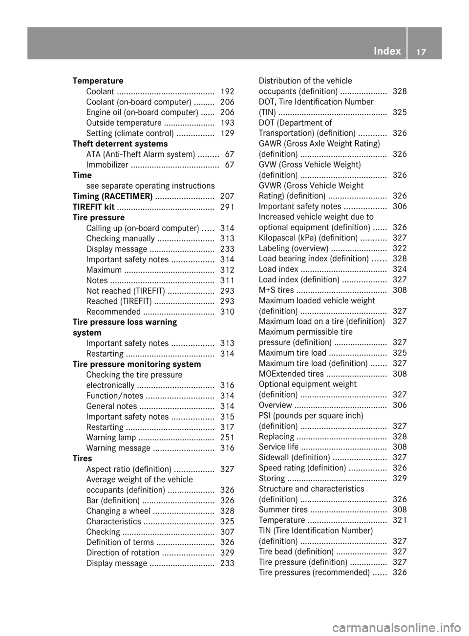 MERCEDES-BENZ SLK-Class 2014 R172 Owners Manual Temperature
Coolant .......................................... 192
Coolant (on-board computer) ......... 206
Engine oil (on-board computer) ...... 206
Outside temperature ..................... .193
Se