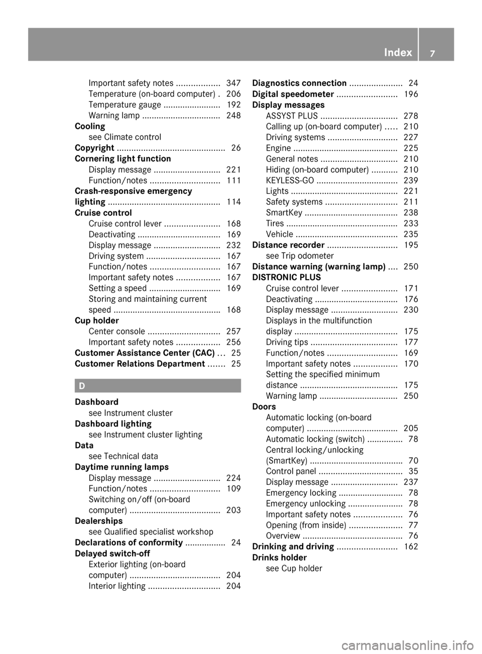 MERCEDES-BENZ SLK-Class 2014 R172 Owners Manual Important safety notes
..................347
Temperature (on-board computer) .206
Temperature gauge ........................ 192
Warning lamp ................................. 248
Cooling
see Climate 