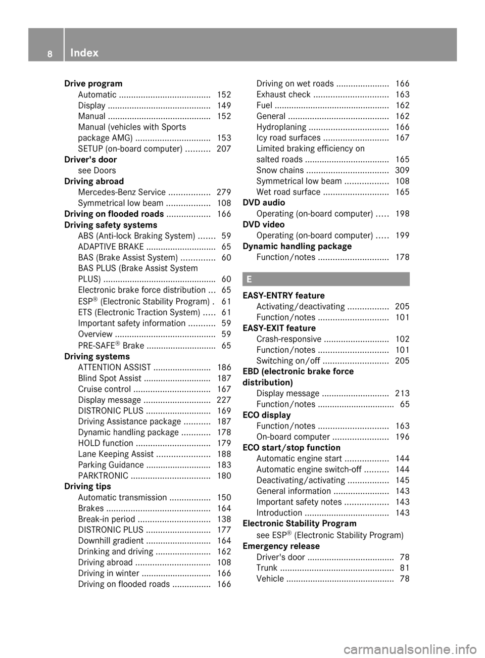 MERCEDES-BENZ SLK-Class 2014 R172 Owners Manual Drive program
Automatic ...................................... 152
Display ........................................... 149
Manual .......................................... .152
Manual (vehicles with 