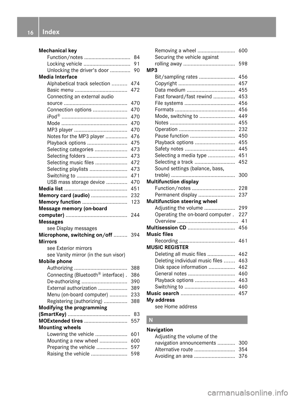 MERCEDES-BENZ SL-Class 2014 R131 Owners Manual Mechanical key
Function/notes ................................ 84
Locking vehicle ................................ 91
Unlocking the drivers door ..............90
Media Interface
Alphabetical track se