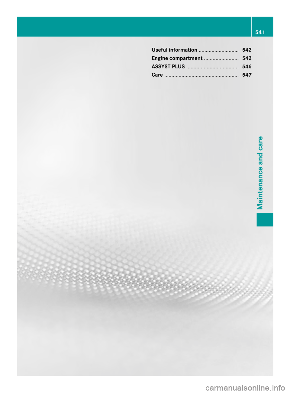 MERCEDES-BENZ SL-Class 2014 R131 Owners Manual Useful information
............................542
Engine compartment ........................542
ASSYST PLUS .................................... 546
Care ............................................ MERCEDES-BENZ SL-Class 2014 R131 Owners Manual Useful information
............................542
Engine compartment ........................542
ASSYST PLUS .................................... 546
Care ............................................