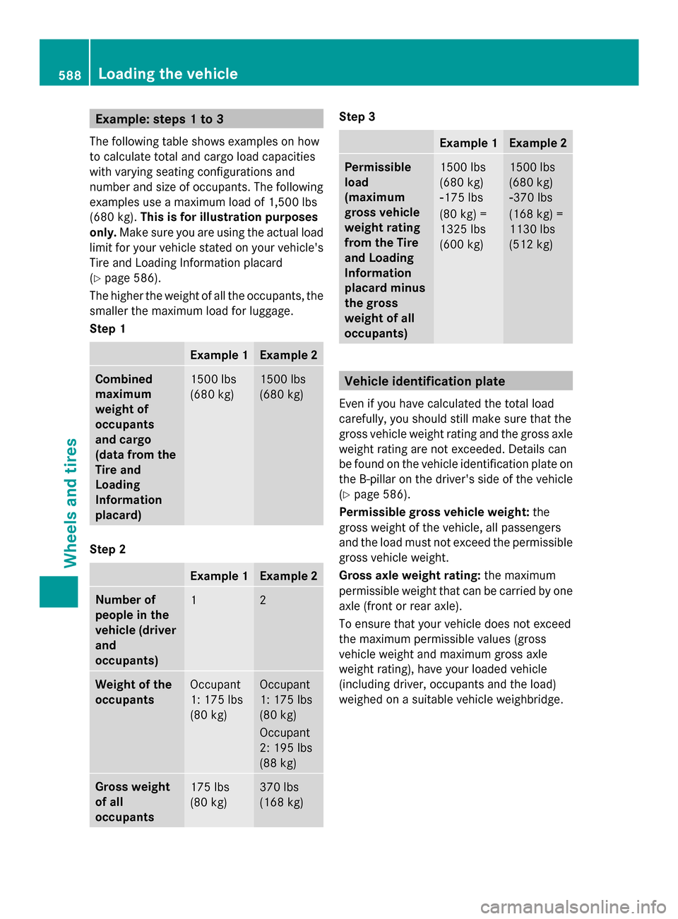 MERCEDES-BENZ SL-Class 2014 R131 Owners Manual Example: steps 1 to 3
The following table shows examples on how
to calculate total and cargo load capacities
with varying seating configurations and
number and size of occupants. The following
example MERCEDES-BENZ SL-Class 2014 R131 Owners Manual Example: steps 1 to 3
The following table shows examples on how
to calculate total and cargo load capacities
with varying seating configurations and
number and size of occupants. The following
example
