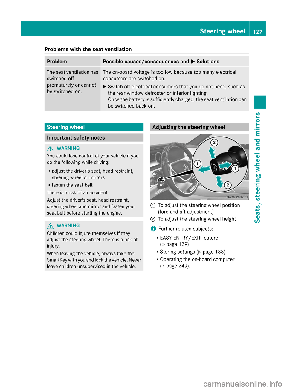 MERCEDES-BENZ S-Class 2014 W222 Owners Manual Problems with the seat ventilation
Problem Possible causes/consequences and
0050
0050Solutions The seat ventilation has
switched off
prematurely or cannot
be switched on. The on-board voltage is too l MERCEDES-BENZ S-Class 2014 W222 Owners Manual Problems with the seat ventilation
Problem Possible causes/consequences and
0050
0050Solutions The seat ventilation has
switched off
prematurely or cannot
be switched on. The on-board voltage is too l