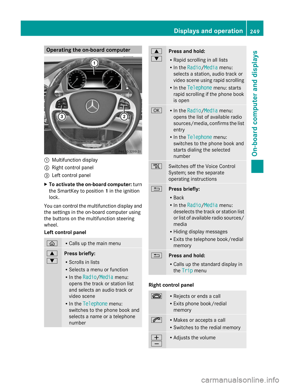 MERCEDES-BENZ S-Class 2014 W222 Owners Manual Operating the on-board computer
0043
Multifunction display
0044 Right control panel
0087 Left control panel
X To activate the on-board computer: turn
the SmartKey to position 1in the ignition
lock.
Yo