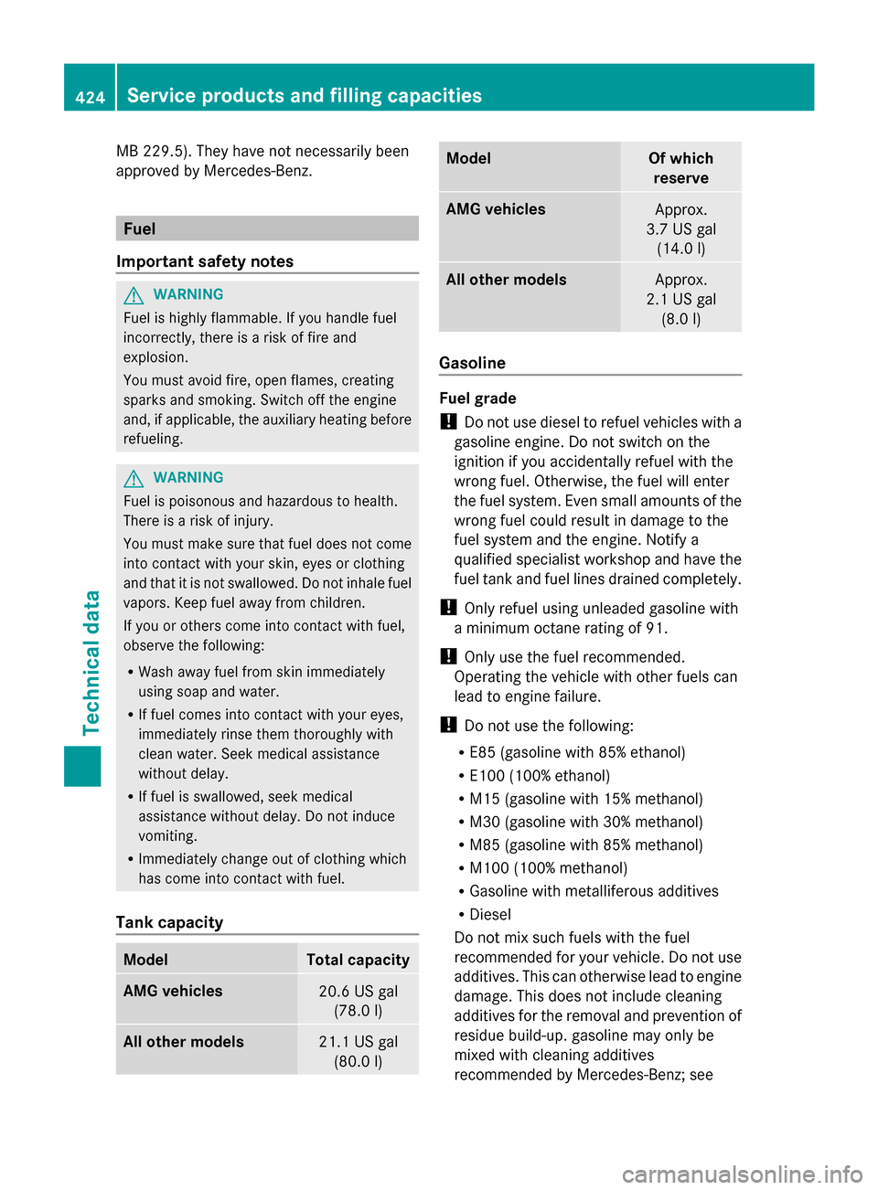 MERCEDES-BENZ S-Class 2014 W222 Owners Manual MB 229.5). They have not necessarily been
approved by Mercedes-Benz. Fuel
Important safety notes G
WARNING
Fuel is highly flammable. If you handle fuel
incorrectly, there is a risk of fire and
explosi MERCEDES-BENZ S-Class 2014 W222 Owners Manual MB 229.5). They have not necessarily been
approved by Mercedes-Benz. Fuel
Important safety notes G
WARNING
Fuel is highly flammable. If you handle fuel
incorrectly, there is a risk of fire and
explosi