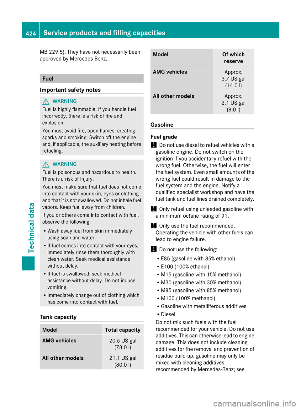 MERCEDES-BENZ S-Class 2014 W222 Owners Manual MB 229.5). They have not necessarily been
approved by Mercedes-Benz. Fuel
Important safety notes G
WARNING
Fuel is highly flammable. If you handle fuel
incorrectly, there is a risk of fire and
explosi