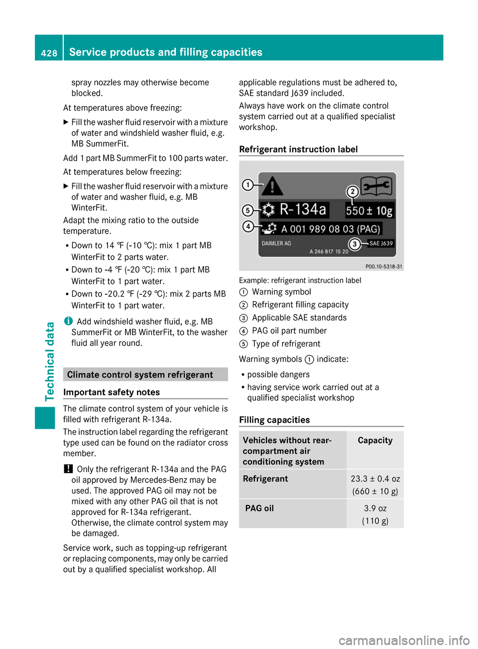 MERCEDES-BENZ S-Class 2014 W222 Owners Manual spray nozzles may otherwise become
blocked.
At temperatures above freezing:
X Fill the washer fluid reservoir with a mixture
of water and windshield washer fluid, e.g.
MB SummerFit.
Add 1 part MB Summ