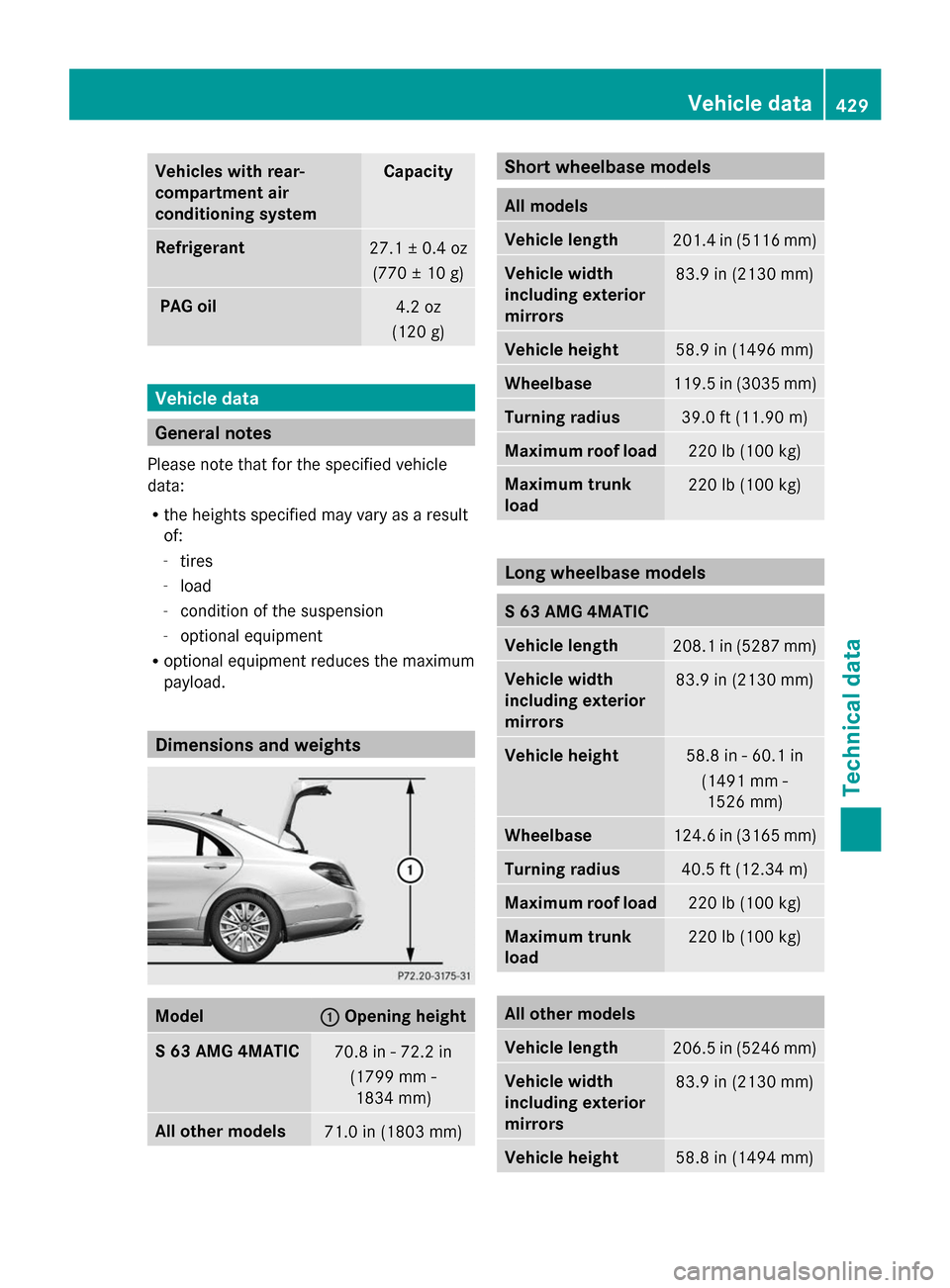 MERCEDES-BENZ S-Class 2014 W222 Owners Manual Vehicles with rear-
compartment air
conditioning system Capacity
Refrigerant
27.1 ± 0.4 oz
(770 ± 10 g) PAG oil
4.2 oz
(120 g) Vehicle data
General notes
Please note that for the specified vehicle
d