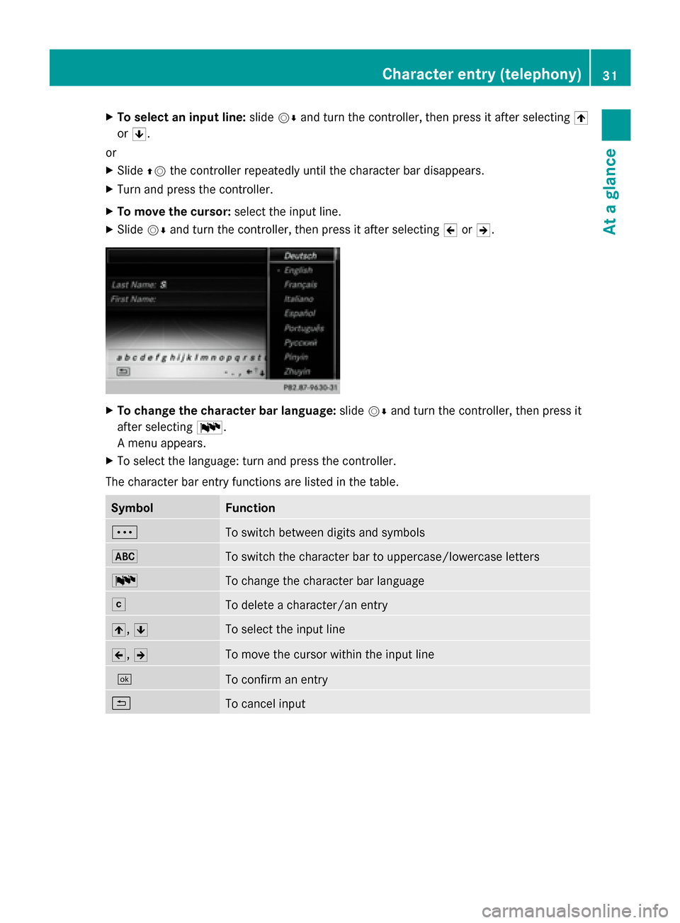 MERCEDES-BENZ S-Class 2014 W222 Comand Manual X
To select an input line: slide00520064and turn the controller, then press it after selecting 005F
or 0060.
or
X Slide 00970052the controller repeatedly until the character bar disappears.
X Turn and MERCEDES-BENZ S-Class 2014 W222 Comand Manual X
To select an input line: slide00520064and turn the controller, then press it after selecting 005F
or 0060.
or
X Slide 00970052the controller repeatedly until the character bar disappears.
X Turn and