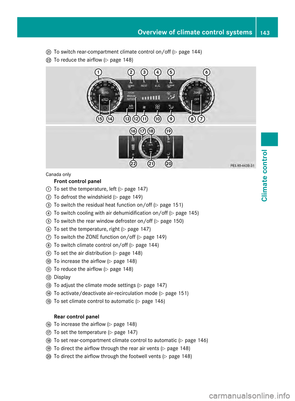 MERCEDES-BENZ M-Class 2014 W166 Owners Manual 0027
To switch rear-compartment climate control on/off (Y page 144)
0028 To reduce the airflow (Y page 148)Canada only
Front control panel
0002 To set the temperature, left (Y page 147)
0003 To defros