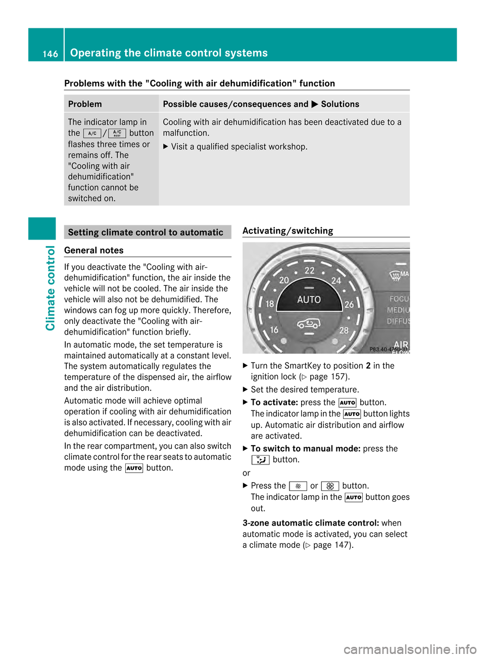 MERCEDES-BENZ M-Class 2014 W166 Owners Manual Problems with the "Cooling with air dehumidification" function
Problem Possible causes/consequences and
0001 Solutions
The indicator lamp in
the
0007/0005 button
flashes three times or
remains off. Th MERCEDES-BENZ M-Class 2014 W166 Owners Manual Problems with the "Cooling with air dehumidification" function
Problem Possible causes/consequences and
0001 Solutions
The indicator lamp in
the
0007/0005 button
flashes three times or
remains off. Th