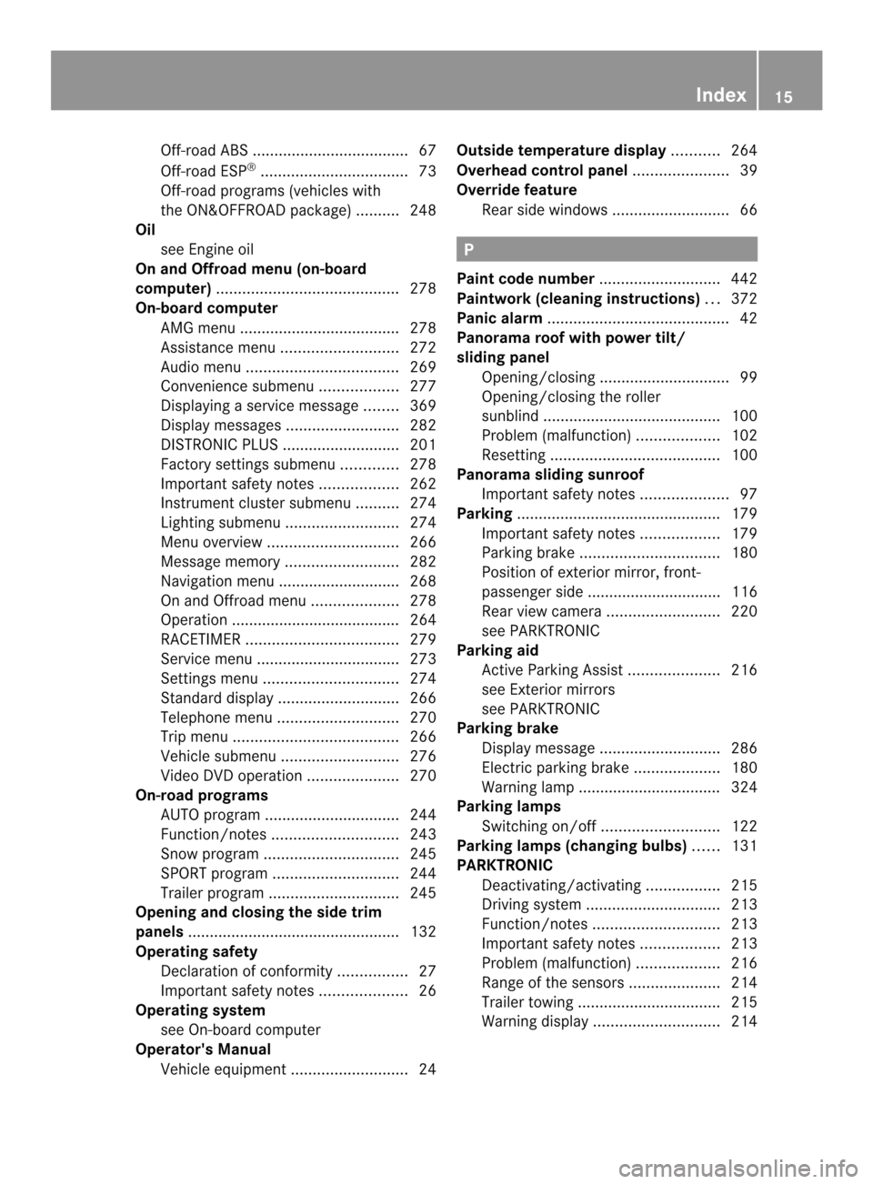 MERCEDES-BENZ M-Class 2014 W166 Owners Manual Off-road ABS
.................................... 67
Off-road ESP ®
.................................. 73
Off-road programs (vehicle swith
the ON&OFFROAD package) ..........248
Oil
see Engine oil
On MERCEDES-BENZ M-Class 2014 W166 Owners Manual Off-road ABS
.................................... 67
Off-road ESP ®
.................................. 73
Off-road programs (vehicle swith
the ON&OFFROAD package) ..........248
Oil
see Engine oil
On