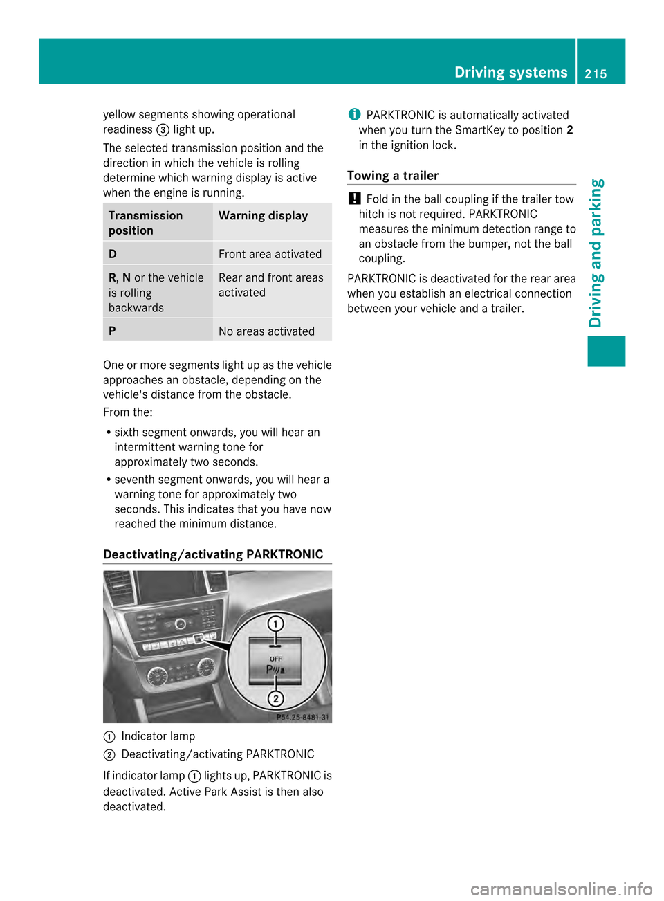 MERCEDES-BENZ M-Class 2014 W166 User Guide yellow segments showing operational
readiness 0023ligh tup.
The selected transmission position and the
direction in which the vehicle is rolling
determine which warning display is active
when the engi