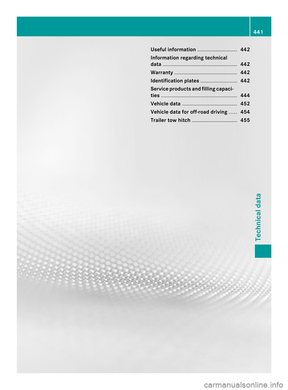MERCEDES-BENZ M-Class 2014 W166 Owners Manual Useful information
............................442
Information regarding technical
data .................................................... 442
Warranty ............................................ 4 MERCEDES-BENZ M-Class 2014 W166 Owners Manual Useful information
............................442
Information regarding technical
data .................................................... 442
Warranty ............................................ 4