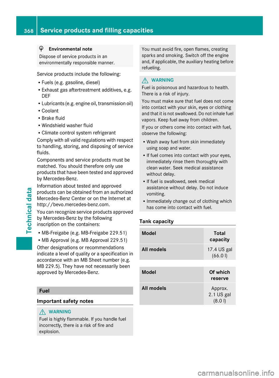 MERCEDES-BENZ GLK-Class 2014 X204 Owners Manual H
Environmental note
Dispose of service products in an
environmentally responsible manner.
Service products include the following:
R Fuels (e.g. gasoline, diesel)
R Exhaust gas aftertreatment additive