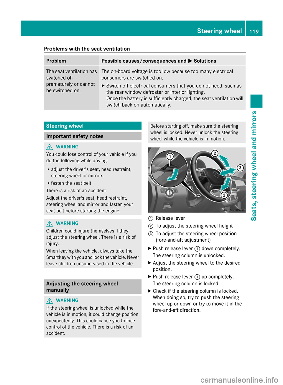 MERCEDES-BENZ GL-Class 2014 X166 Owners Manual Problems with the seat ventilation
Problem Possible causes/consequences and
M
MSolutions The seat ventilation has
switched off
prematurely or cannot
be switched on. The on-board voltage is too low bec MERCEDES-BENZ GL-Class 2014 X166 Owners Manual Problems with the seat ventilation
Problem Possible causes/consequences and
M
MSolutions The seat ventilation has
switched off
prematurely or cannot
be switched on. The on-board voltage is too low bec