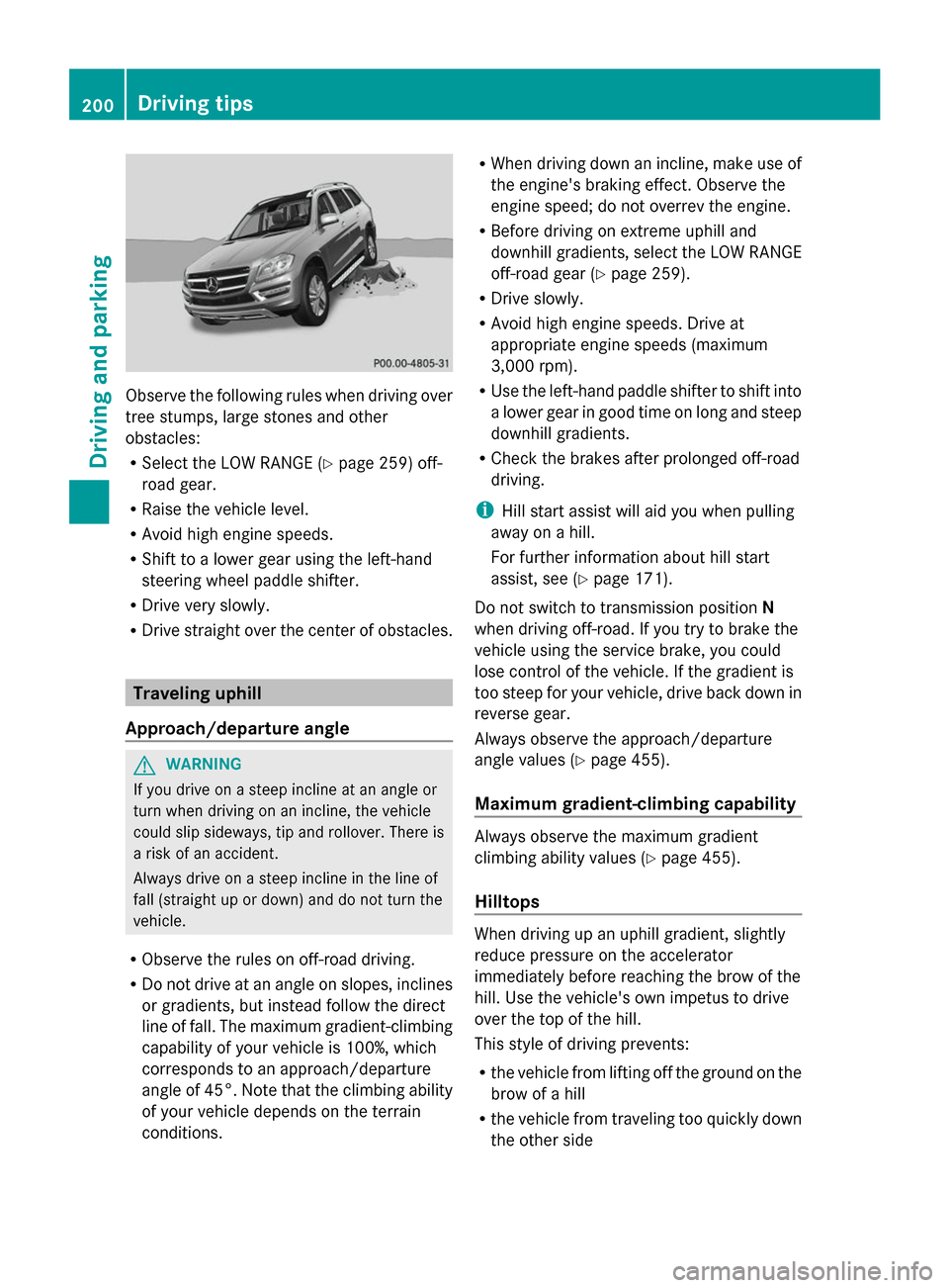 MERCEDES-BENZ GL-Class 2014 X166 Owners Manual Observe the following rules when driving over
tree stumps, large stones and other
obstacles:
R Select the LOW RANGE (Y page 259) off-
road gear.
R Raise the vehicle level.
R Avoid high engine speeds.
