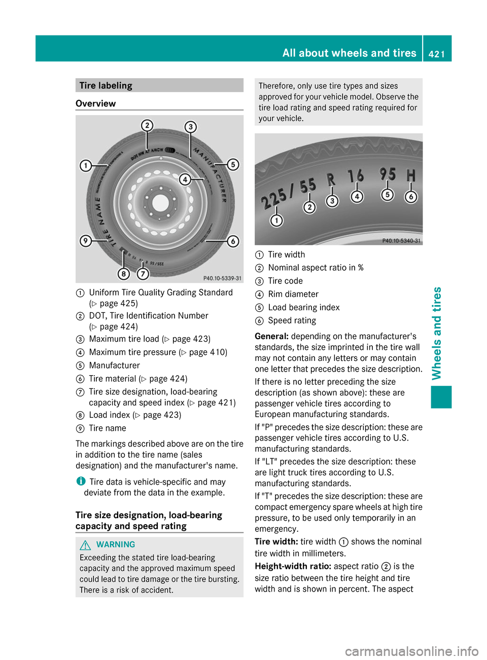 MERCEDES-BENZ GL-Class 2014 X166 Owners Manual Tire labeling
Overview :
Uniform Tire Quality Grading Standard
(Y page 425)
; DOT, Tire Identification Number
(Y page 424)
= Maximum tire load (Y page 423)
? Maximum tire pressure (Y page 410)
A Manuf MERCEDES-BENZ GL-Class 2014 X166 Owners Manual Tire labeling
Overview :
Uniform Tire Quality Grading Standard
(Y page 425)
; DOT, Tire Identification Number
(Y page 424)
= Maximum tire load (Y page 423)
? Maximum tire pressure (Y page 410)
A Manuf