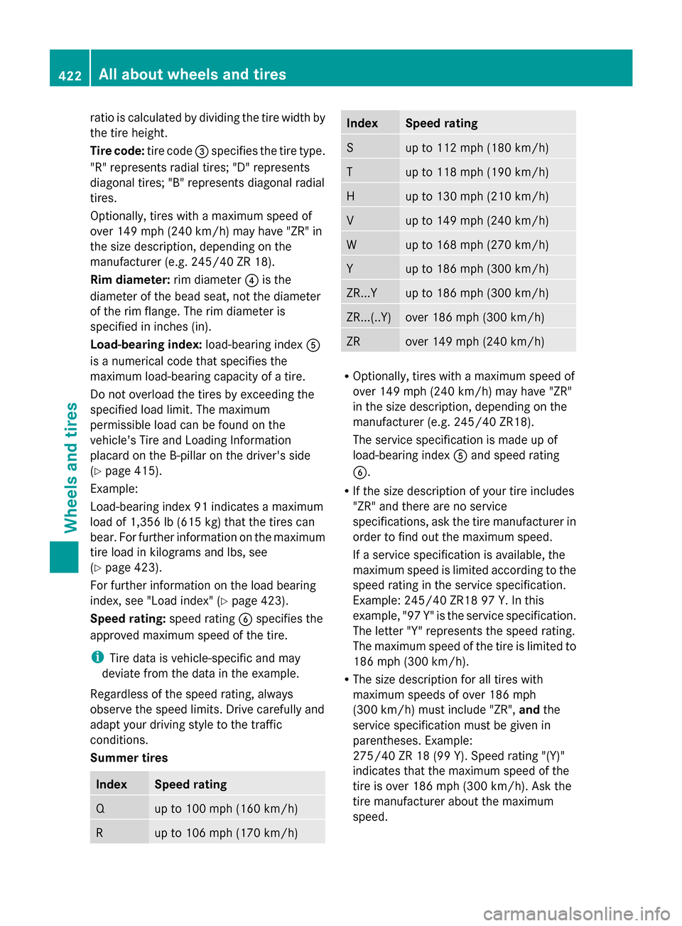 MERCEDES-BENZ GL-Class 2014 X166 Owners Manual ratio is calculated by dividing the tire width by
the tire height.
Tire code: tire code=specifies the tire type.
"R" represents radial tires; "D" represents
diagonal tires; "B" represents diagonal rad MERCEDES-BENZ GL-Class 2014 X166 Owners Manual ratio is calculated by dividing the tire width by
the tire height.
Tire code: tire code=specifies the tire type.
"R" represents radial tires; "D" represents
diagonal tires; "B" represents diagonal rad