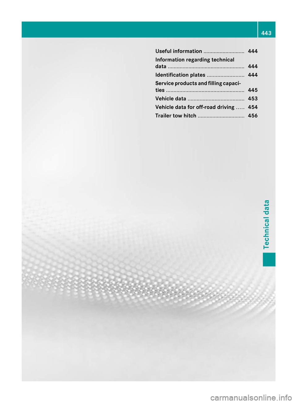 MERCEDES-BENZ GL-Class 2014 X166 Owners Manual Useful information
............................444
Information regarding technical
data .................................................... 444
Identification plates .........................444
Serv MERCEDES-BENZ GL-Class 2014 X166 Owners Manual Useful information
............................444
Information regarding technical
data .................................................... 444
Identification plates .........................444
Serv