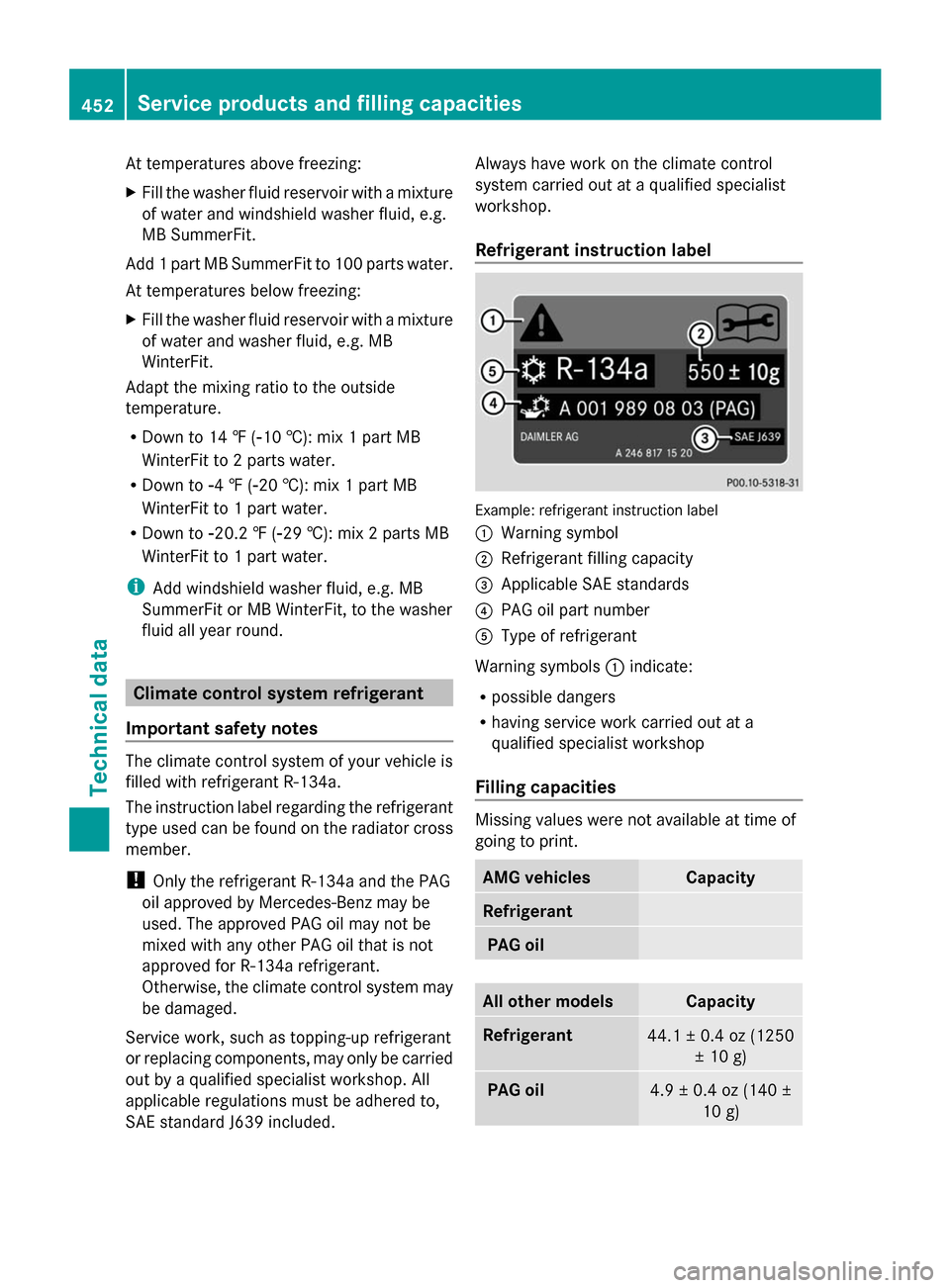 MERCEDES-BENZ GL-Class 2014 X166 Owners Manual At temperatures above freezing:
X
Fill the washer fluid reservoir with a mixture
of water and windshield washer fluid, e.g.
MB SummerFit.
Add 1 part MB SummerFit to 100 parts water.
At temperatures be