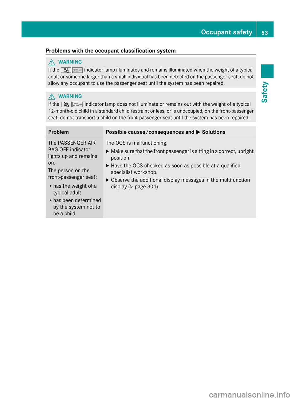 MERCEDES-BENZ GL-Class 2014 X166 Workshop Manual Problems with the occupant classification system
G
WARNING
If the 45 indicator lamp illuminates and remains illuminated when the weight of a typical
adult or someone larger than a small individual has MERCEDES-BENZ GL-Class 2014 X166 Workshop Manual Problems with the occupant classification system
G
WARNING
If the 45 indicator lamp illuminates and remains illuminated when the weight of a typical
adult or someone larger than a small individual has