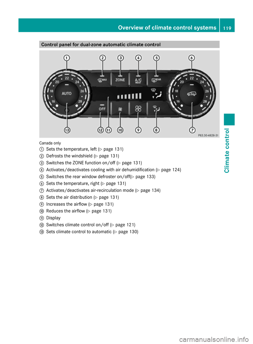 MERCEDES-BENZ G-Class 2014 W463 Owners Manual Control panel for dual-zone automatic climate control
Canada only
0043
Sets the temperature, left (Y page 131)
0044 Defrosts the windshield (Y page 131)
0087 Switches the ZONE function on/off (Y page 