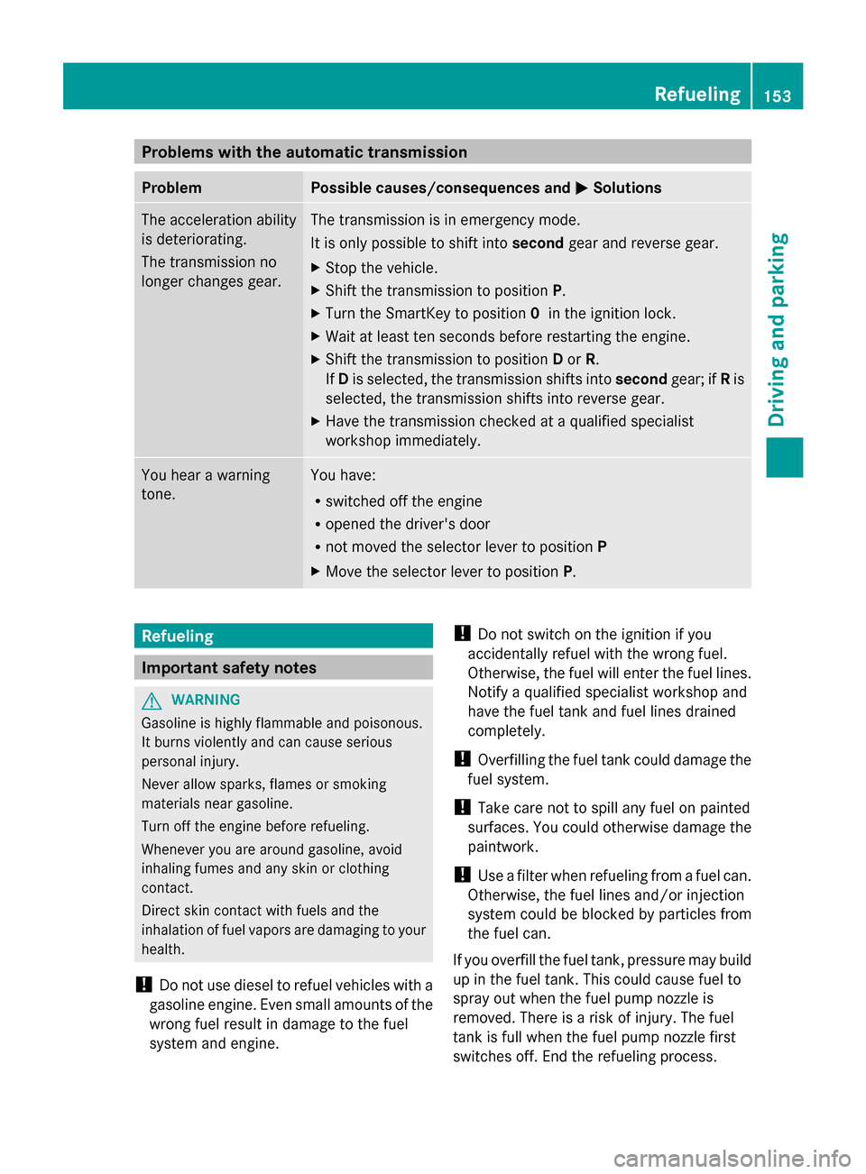 MERCEDES-BENZ G-Class 2014 W463 Owners Manual Problems with the automatic transmission
Problem Possible causes/consequences and
0050
0050Solutions The acceleration ability
is deteriorating.
The transmission no
longer changes gear. The transmissio MERCEDES-BENZ G-Class 2014 W463 Owners Manual Problems with the automatic transmission
Problem Possible causes/consequences and
0050
0050Solutions The acceleration ability
is deteriorating.
The transmission no
longer changes gear. The transmissio