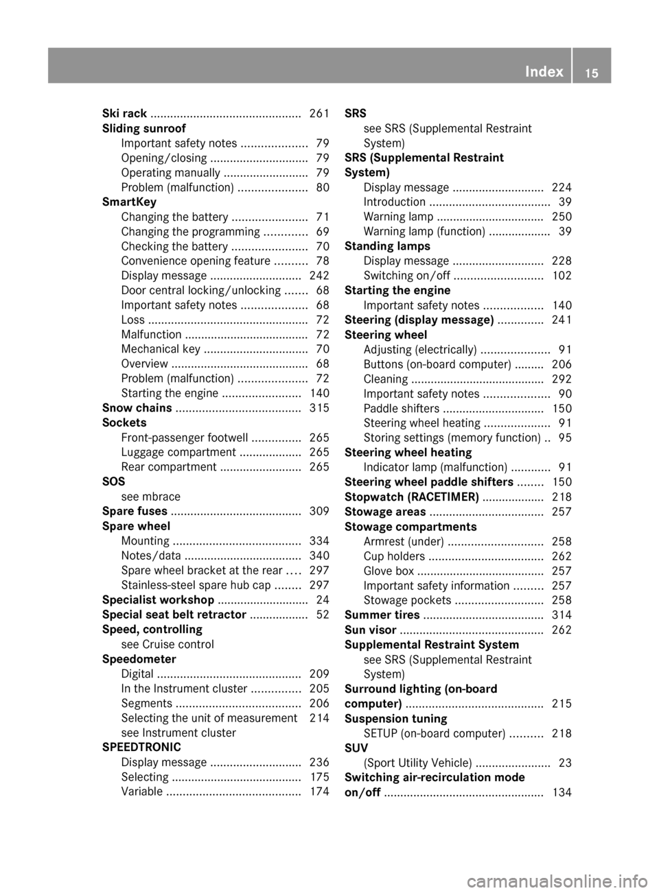 MERCEDES-BENZ G-Class 2014 W463 User Guide Ski rack
.............................................. 261
Sliding sunroof Important safety notes ....................79
Opening/closing .............................. 79
Operating manually .........