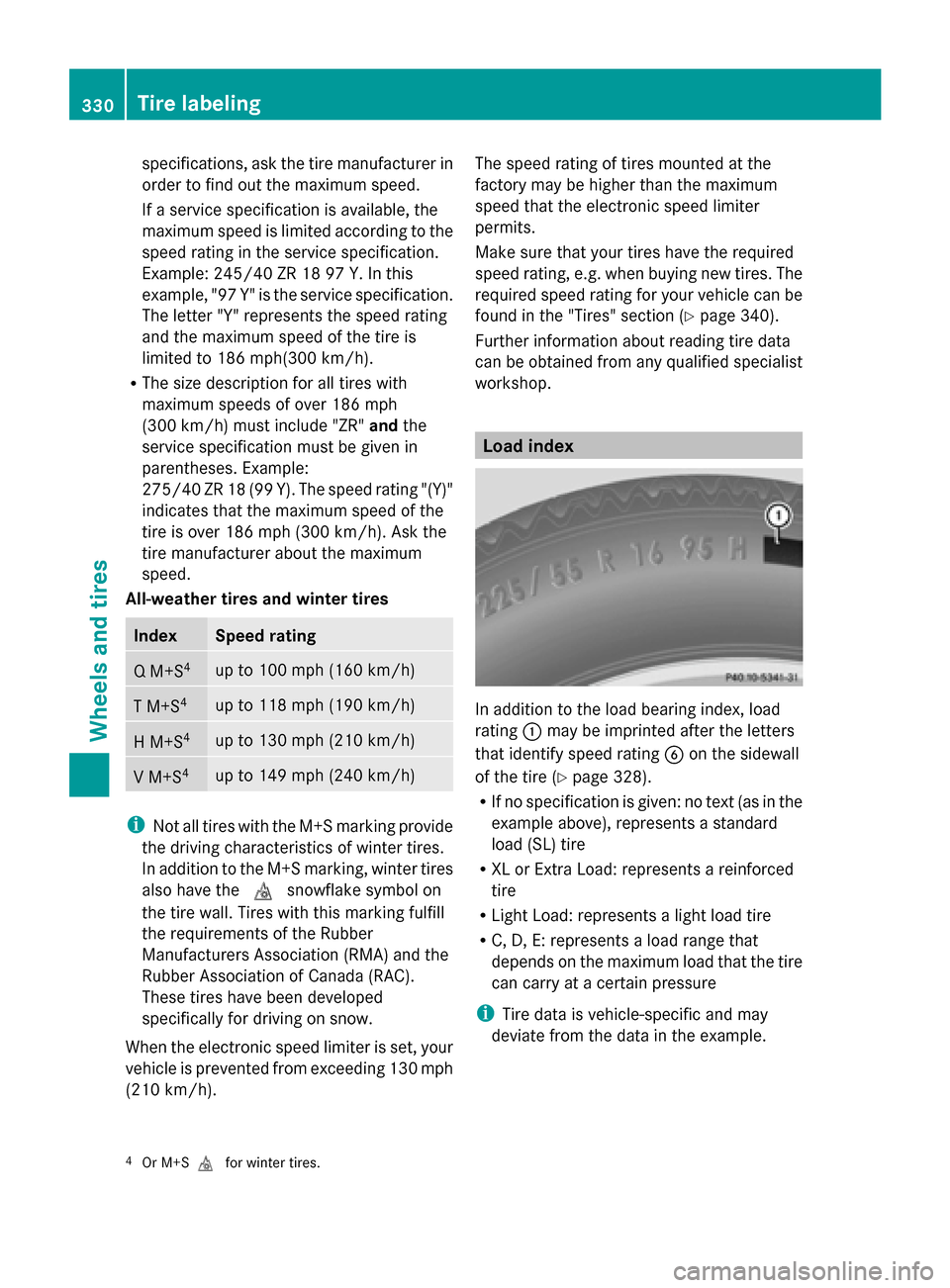 MERCEDES-BENZ G-Class 2014 W463 Owners Manual specifications, ask the tire manufacturer in
order to find out the maximum speed.
If a service specification is available, the
maximum speed is limited according to the
speed rating in the service spe MERCEDES-BENZ G-Class 2014 W463 Owners Manual specifications, ask the tire manufacturer in
order to find out the maximum speed.
If a service specification is available, the
maximum speed is limited according to the
speed rating in the service spe