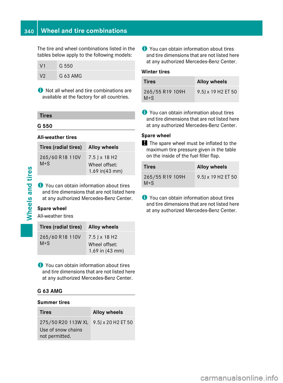 MERCEDES-BENZ G-Class 2014 W463 Owners Manual The tire and wheel combinations listed in the
tables below apply to the following models: V1 G 550
V2 G 63 AMG
i
Not all wheel and tire combinations are
available at the factory for all countries. Tir MERCEDES-BENZ G-Class 2014 W463 Owners Manual The tire and wheel combinations listed in the
tables below apply to the following models: V1 G 550
V2 G 63 AMG
i
Not all wheel and tire combinations are
available at the factory for all countries. Tir