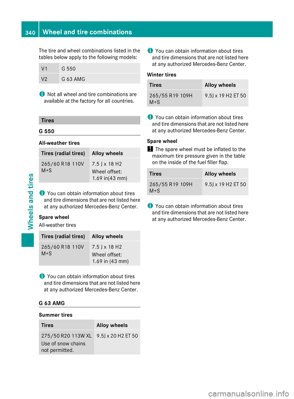 MERCEDES-BENZ G-Class 2014 W463 User Guide The tire and wheel combinations listed in the
tables below apply to the following models: V1 G 550
V2 G 63 AMG
i
Not all wheel and tire combinations are
available at the factory for all countries. Tir
