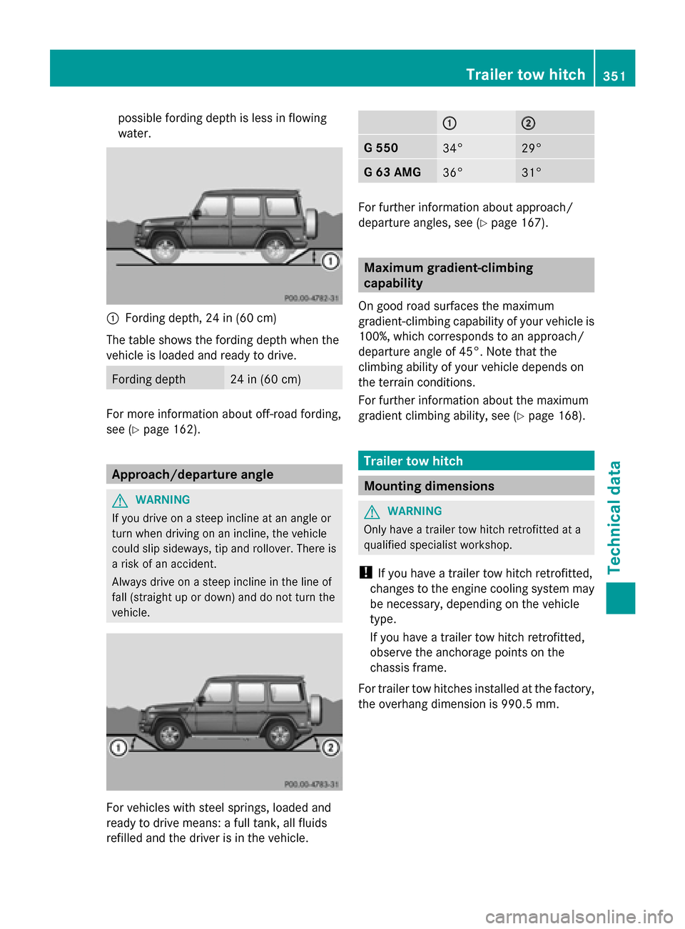 MERCEDES-BENZ G-Class 2014 W463 Owners Manual possible fording depth is less in flowing
water.
0043
Fording depth, 24 in (60 cm)
The table shows the fording depth when the
vehicle is loaded and ready to drive. Fording depth 24 in (60 cm)
For more