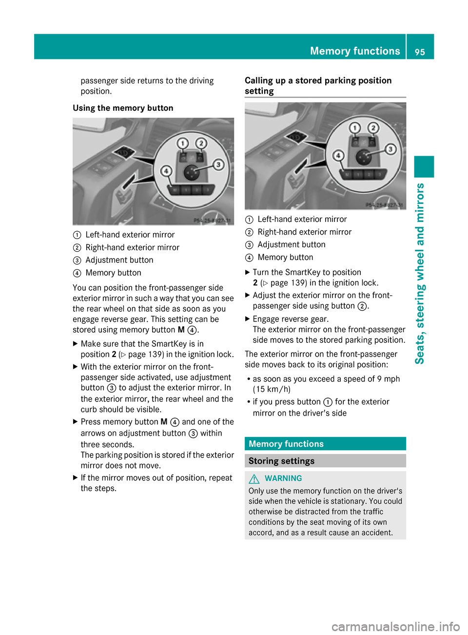 MERCEDES-BENZ G-Class 2014 W463 Owners Manual passenger side returns to the driving
position.
Using the memory button 0043
Left-hand exterior mirror
0044 Right-hand exterior mirror
0087 Adjustment button
0085 Memory button
You can position the fr