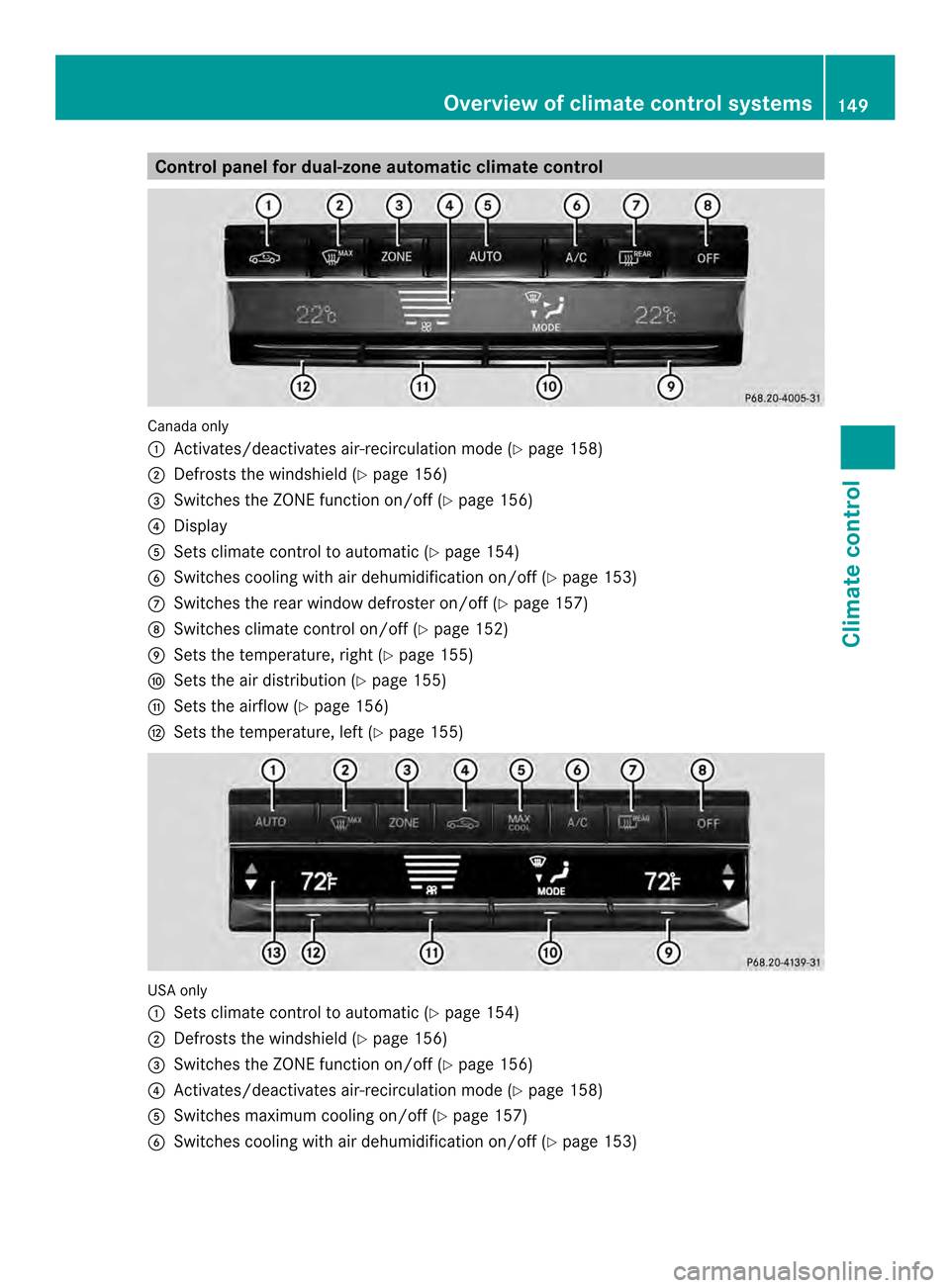 MERCEDES-BENZ E-Class CABRIOLET 2014 C207 Owners Manual Control panel for dual-zone automatic climate control
Canada only
0002
Activates/deactivates air-recirculation mode (Y page 158)
0003 Defrosts the windshield (Y page 156)
0023 Switches the ZONE functi
