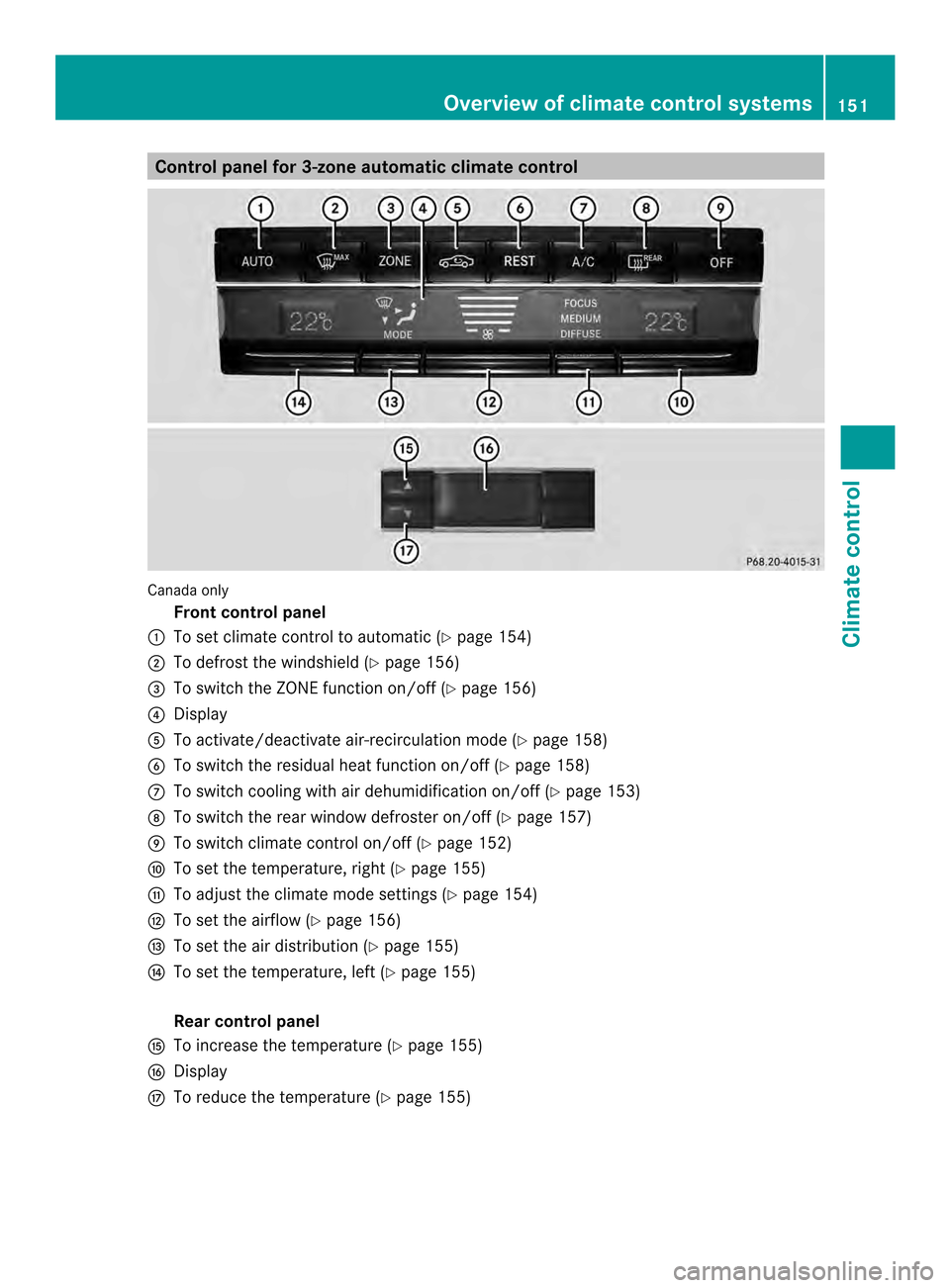 MERCEDES-BENZ E-Class CABRIOLET 2014 C207 Owners Manual Control panel for 3-zone automatic climate control
Canada only
Fron tcontrol panel
0002 To set climate control to automatic (Y page 154)
0003 To defrost the windshield (Y page 156)
0023 To switch the 