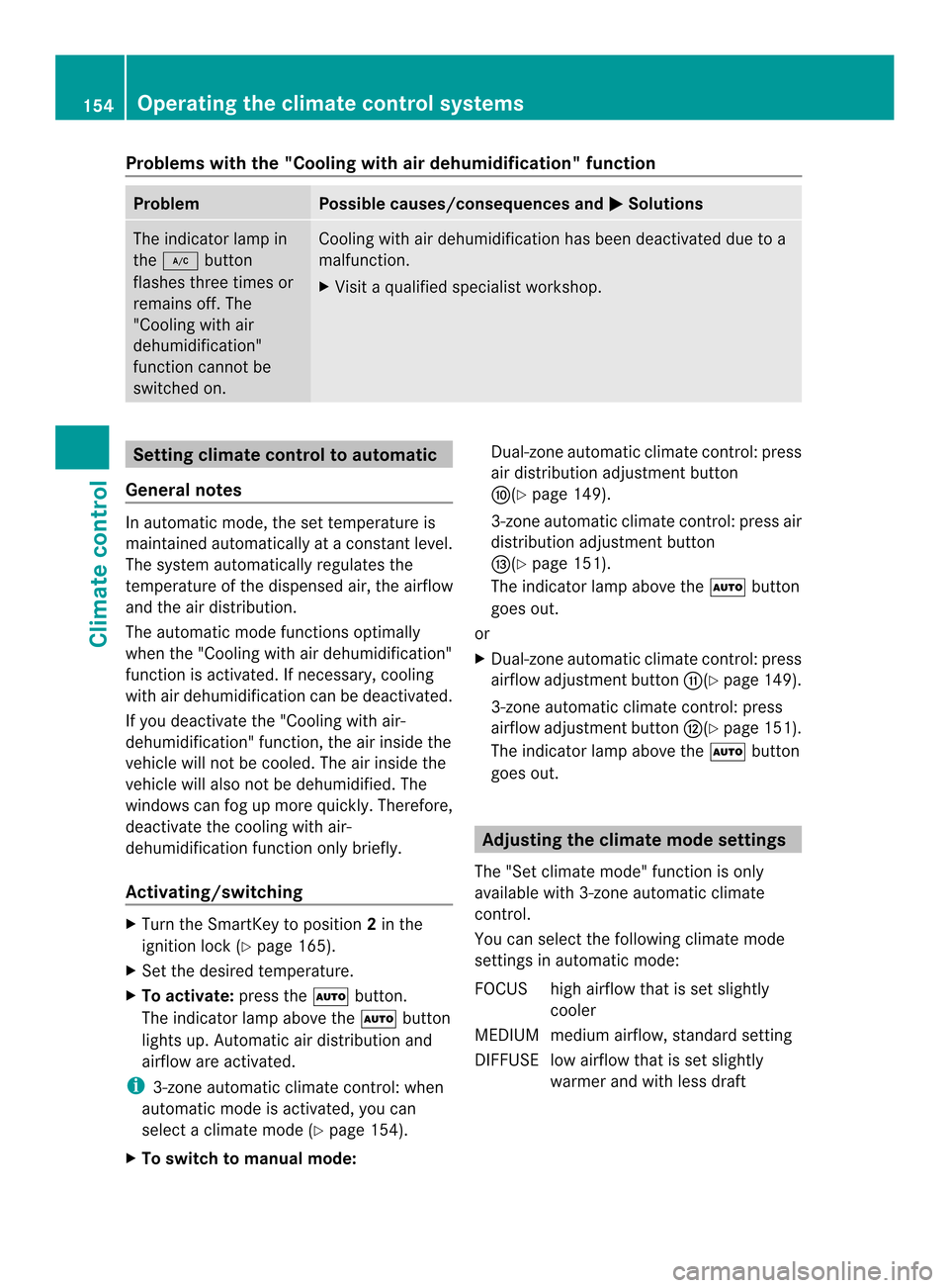 MERCEDES-BENZ E-Class CABRIOLET 2014 C207 Owners Manual Problems with the "Cooling with air dehumidification" function
Problem Possible causes/consequences and
0001 Solutions
The indicator lamp in
the
0005 button
flashes three times or
remains off. The
"Co