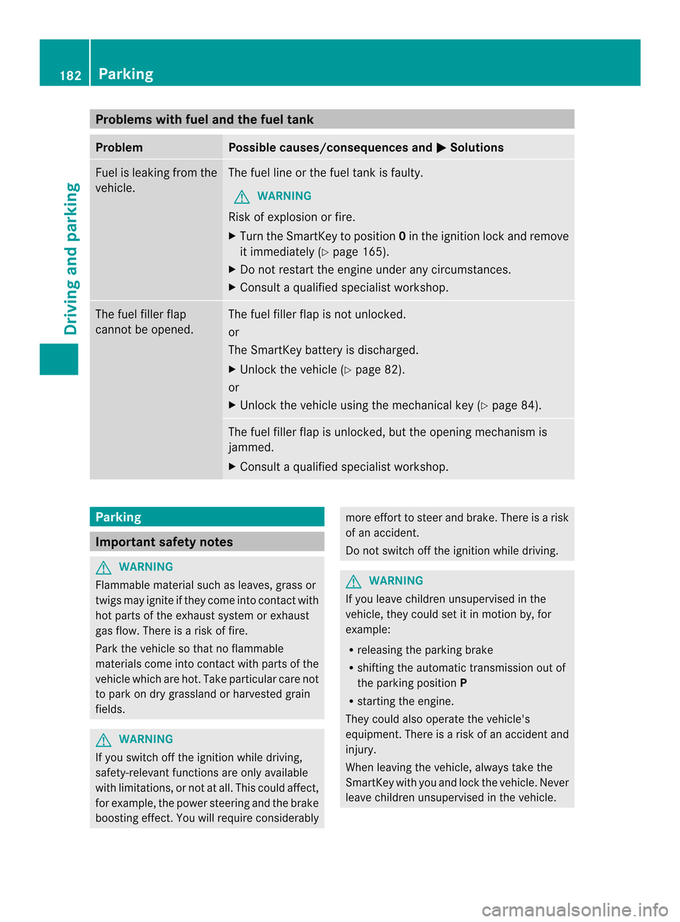 MERCEDES-BENZ E-Class CABRIOLET 2014 C207 Owners Manual Problems with fuel and the fuel tank
Problem Possible causes/consequences and
0001 Solutions
Fuel is leaking from the
vehicle. The fuel line or the fuel tank is faulty.
G WARNING
Risk of explosion or MERCEDES-BENZ E-Class CABRIOLET 2014 C207 Owners Manual Problems with fuel and the fuel tank
Problem Possible causes/consequences and
0001 Solutions
Fuel is leaking from the
vehicle. The fuel line or the fuel tank is faulty.
G WARNING
Risk of explosion or