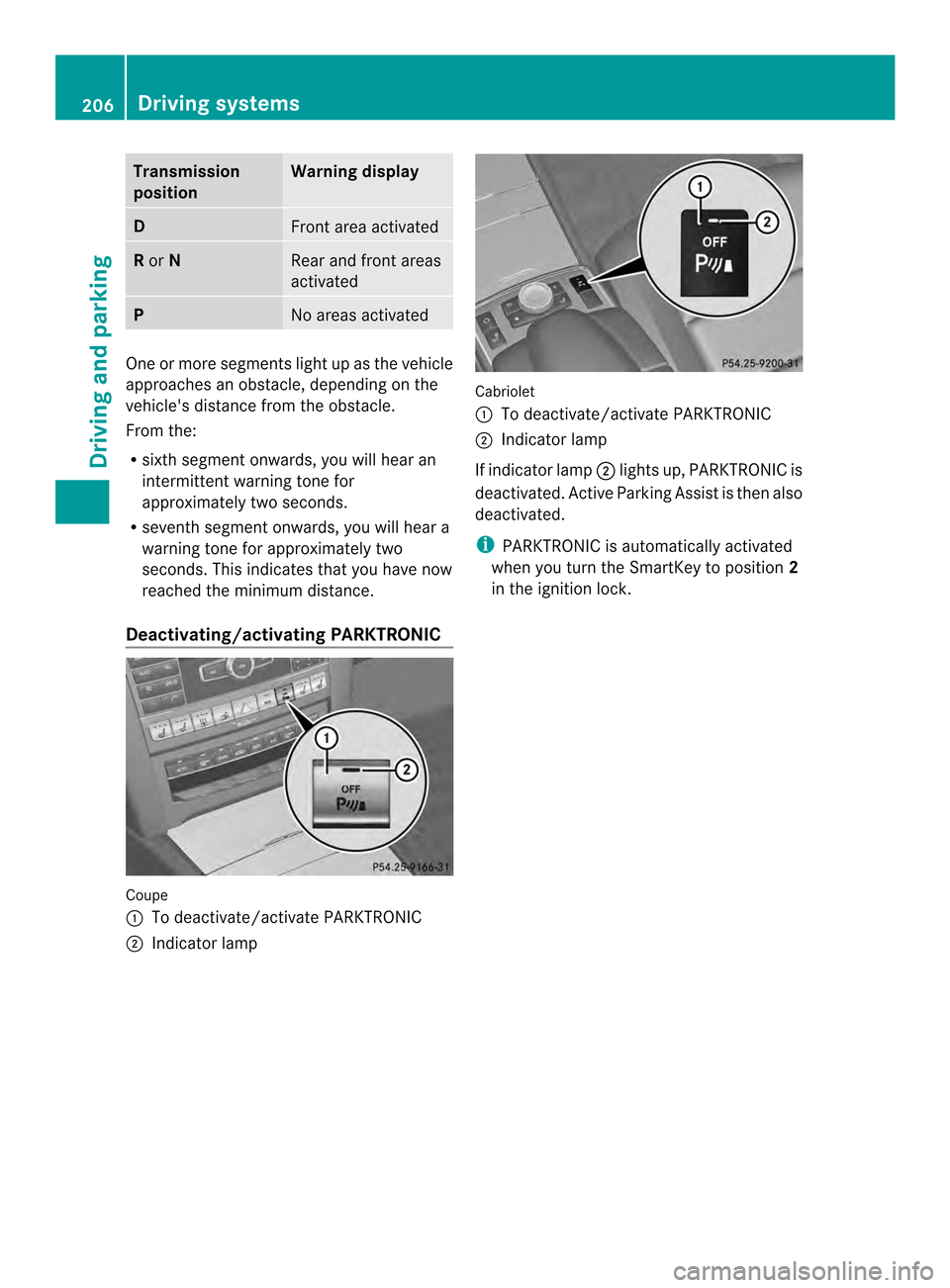 MERCEDES-BENZ E-Class CABRIOLET 2014 C207 Owners Manual Transmission
position Warning display
D
Front area activated
R
or N Rear and front areas
activated
P
No areas activated
One or more segments light up as the vehicle
approaches an obstacle, depending o MERCEDES-BENZ E-Class CABRIOLET 2014 C207 Owners Manual Transmission
position Warning display
D
Front area activated
R
or N Rear and front areas
activated
P
No areas activated
One or more segments light up as the vehicle
approaches an obstacle, depending o