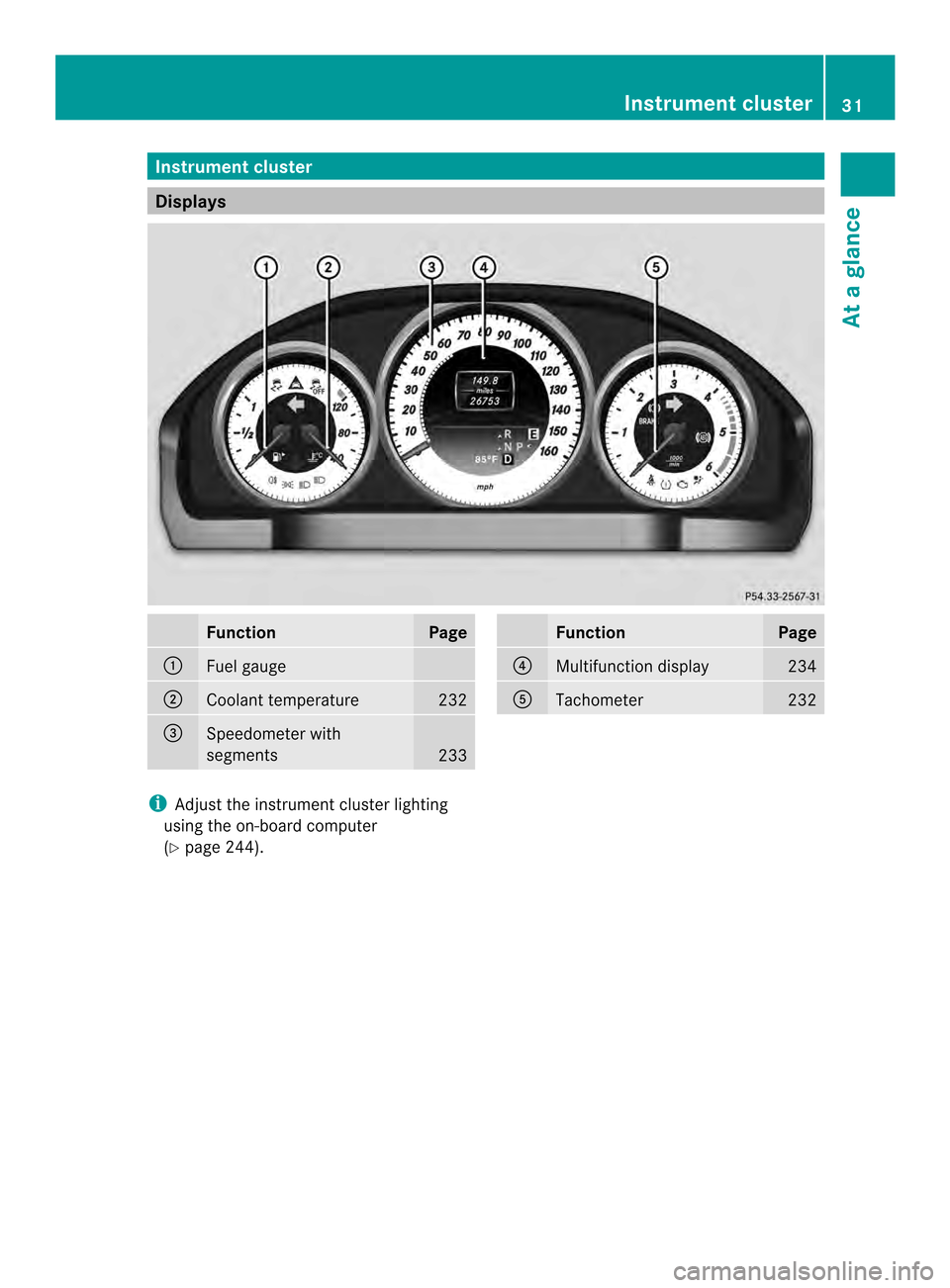 MERCEDES-BENZ E-Class CABRIOLET 2014 C207 Owners Guide Instrumen
tcluster Displays
Function Page
0002
Fuel gauge
0003
Coolant temperature 232
0023
Speedometer with
segments
233 Function Page
0022
Multifunction display 234
0020
Tachometer 232
i
Adjust the 