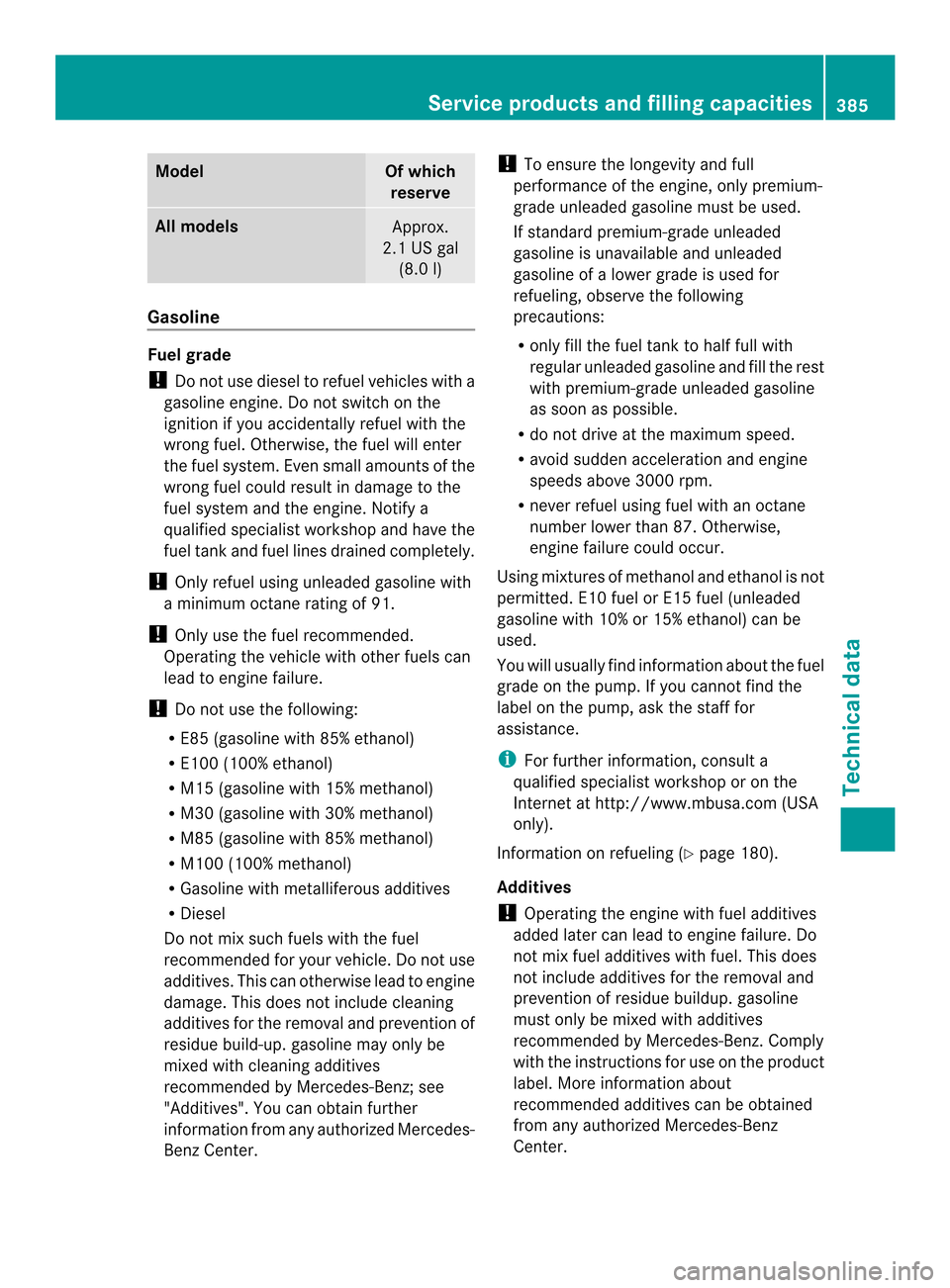 MERCEDES-BENZ E-Class CABRIOLET 2014 C207 Owners Manual Model Of which
reserve All models
Approx.
2.1 US gal (8.0 l) Gasoline
Fuel grade
!
Do not use diesel to refuel vehicles with a
gasoline engine. Do not switch on the
ignitio nifyou accidentally refuel 