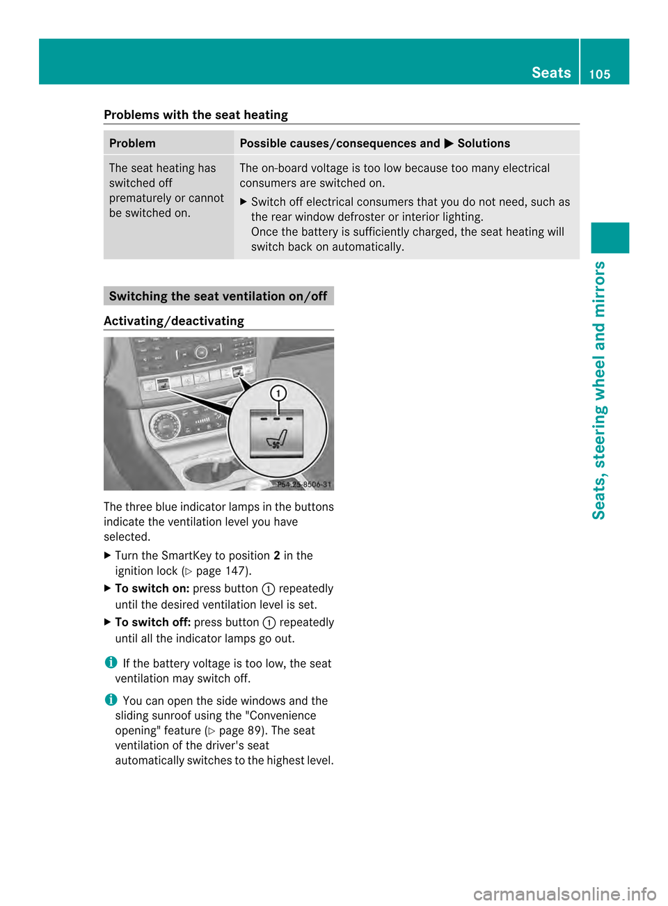 MERCEDES-BENZ CLS-Class 2014 W218 Owners Manual Problems with the seat heating
Problem Possible causes/consequences and
000B Solutions
The seat heating has
switched off
prematurely or cannot
be switched on. The on-board voltage is too low because t