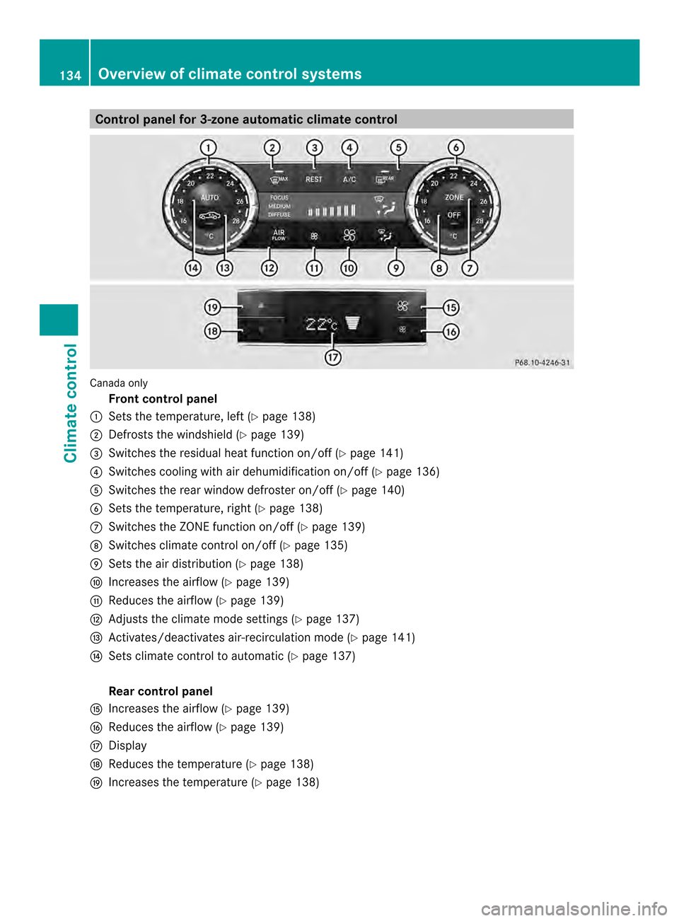 MERCEDES-BENZ CLS-Class 2014 W218 Owners Manual Control panel for 3-zone automatic climat
econtrol Canad
aonly
Fron tcontrol panel
001A Setsthe temperature, left (Y page 138)
0010 Defrosts th ewindshield (Y page 139)
0024 Switche sthe residual heat