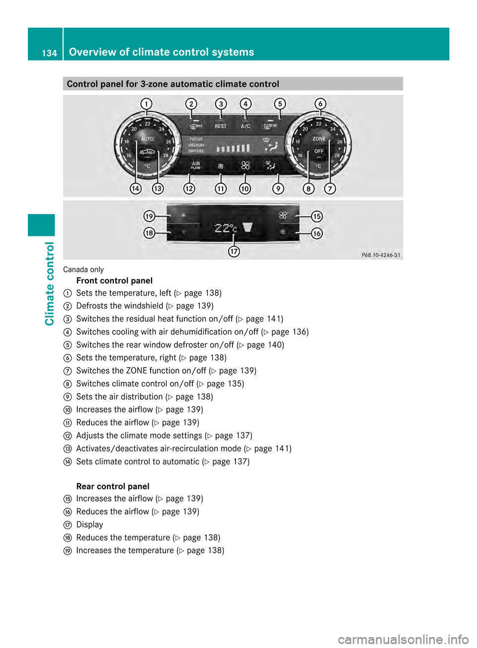 MERCEDES-BENZ CLS-Class 2014 W218 Owners Manual Control panel for 3-zone automatic climat
econtrol Canad
aonly
Fron tcontrol panel
001A Setsthe temperature, left (Y page 138)
0010 Defrosts th ewindshield (Y page 139)
0024 Switche sthe residual heat MERCEDES-BENZ CLS-Class 2014 W218 Owners Manual Control panel for 3-zone automatic climat
econtrol Canad
aonly
Fron tcontrol panel
001A Setsthe temperature, left (Y page 138)
0010 Defrosts th ewindshield (Y page 139)
0024 Switche sthe residual heat